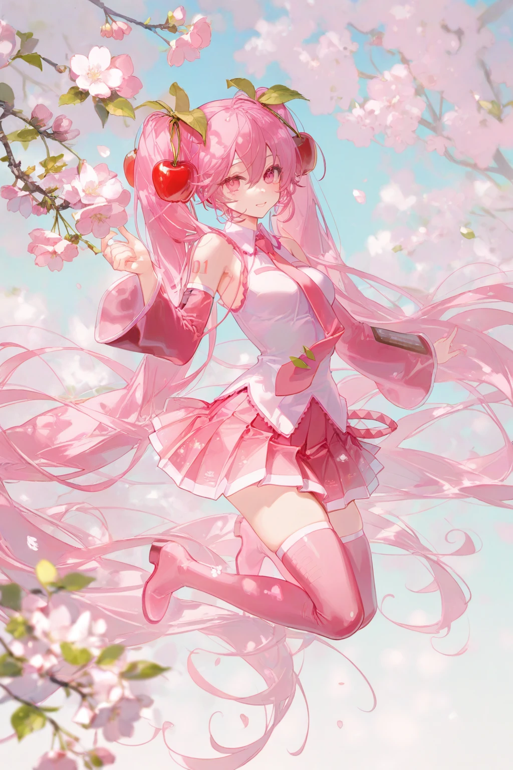 very aesthetic,high definition,masterpiece,illustratio,best quality,[artist:kedama milk],artist:ask(askzy),[artist:WANKE],artist:miji_black,artist:ciloranko,pastel xl,<lora:pastel xl:0.8>, -pastel xl, 1girl, sakura miku, hatsune miku, long hair, solo, pink hair, cherry hair ornament, skirt, food-themed hair ornament, hair ornament, very long hair, shirt, pink eyes, twintails, flower, looking at viewer, detached sleeves, pink sleeves, white shirt, pink thighhighs, sleeveless, pink skirt, sleeveless shirt, thighhighs, pink flower, pink theme, cherry blossoms, pleated skirt, pink necktie, pink footwear, hair between eyes, thigh boots, full body, bare shoulders, boots