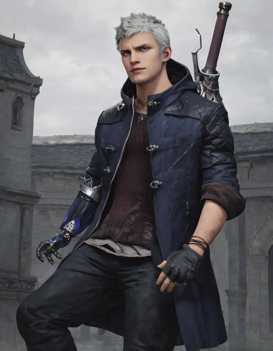 score_9, score_8_up, score_7_up, score_6_up, score_5_up, score_4, realistic, solo, outdoors
BREAK <lora:Nero_-_DMC_5_-_Pony:0.8> dmc5_nero, male, white hair, blue eyes, necklace, blue coat, hood down, sweater, bracelet, single glove, pants, single mechanical arm, boots, looking at viewer, weapon, sword