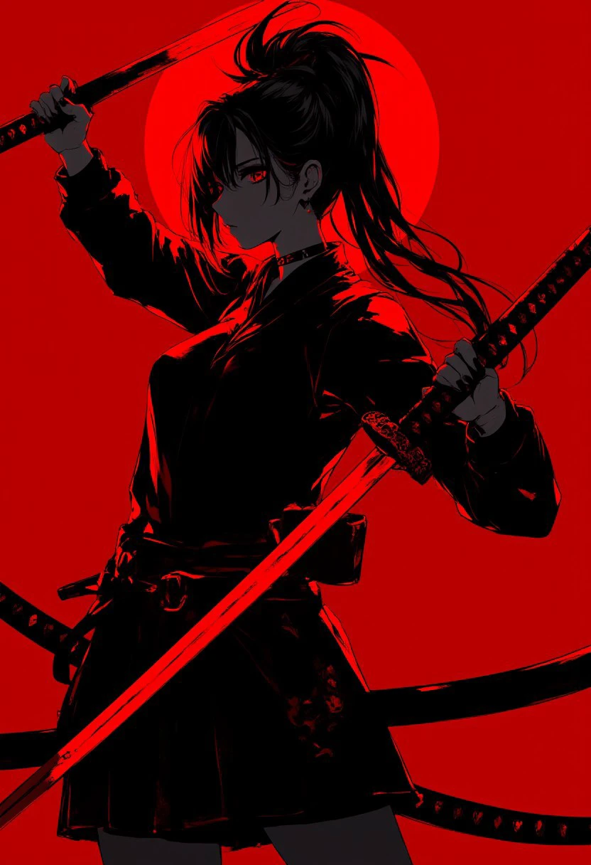 high contrast neon anime style in deep black and crimson red, samurai girl with katana, action pose,  HCANstyle