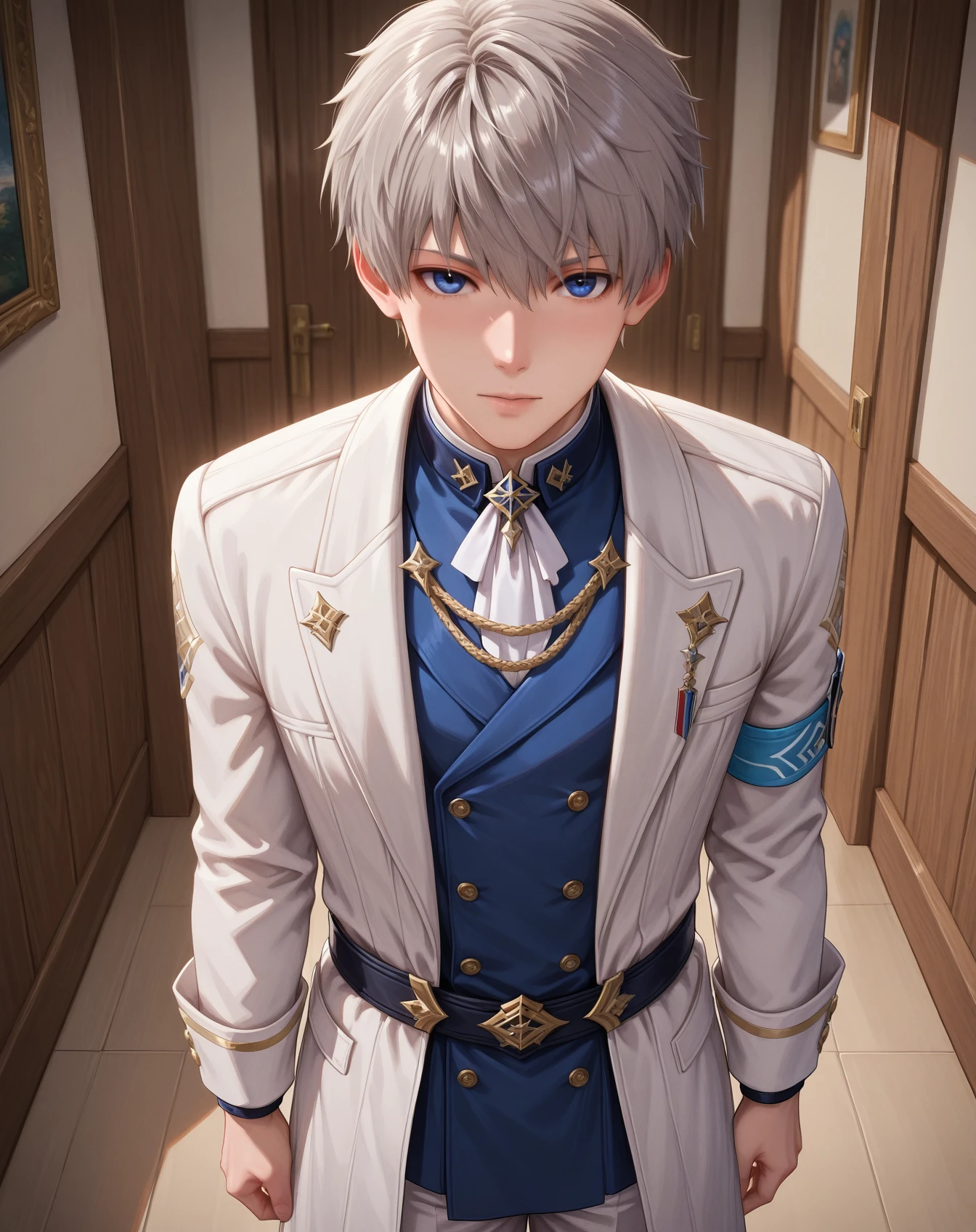 masterpiece, best quality, absurdres, very aesthetic,
1boy, solo, yaoi, male focus,
looking at viewer, cowboy shot, facing viewer, standing, straight-on, arms at sides,
<lora:Xavier_LnDS:1> xavierlnds, grey hair, blue eyes, short hair,
indoors