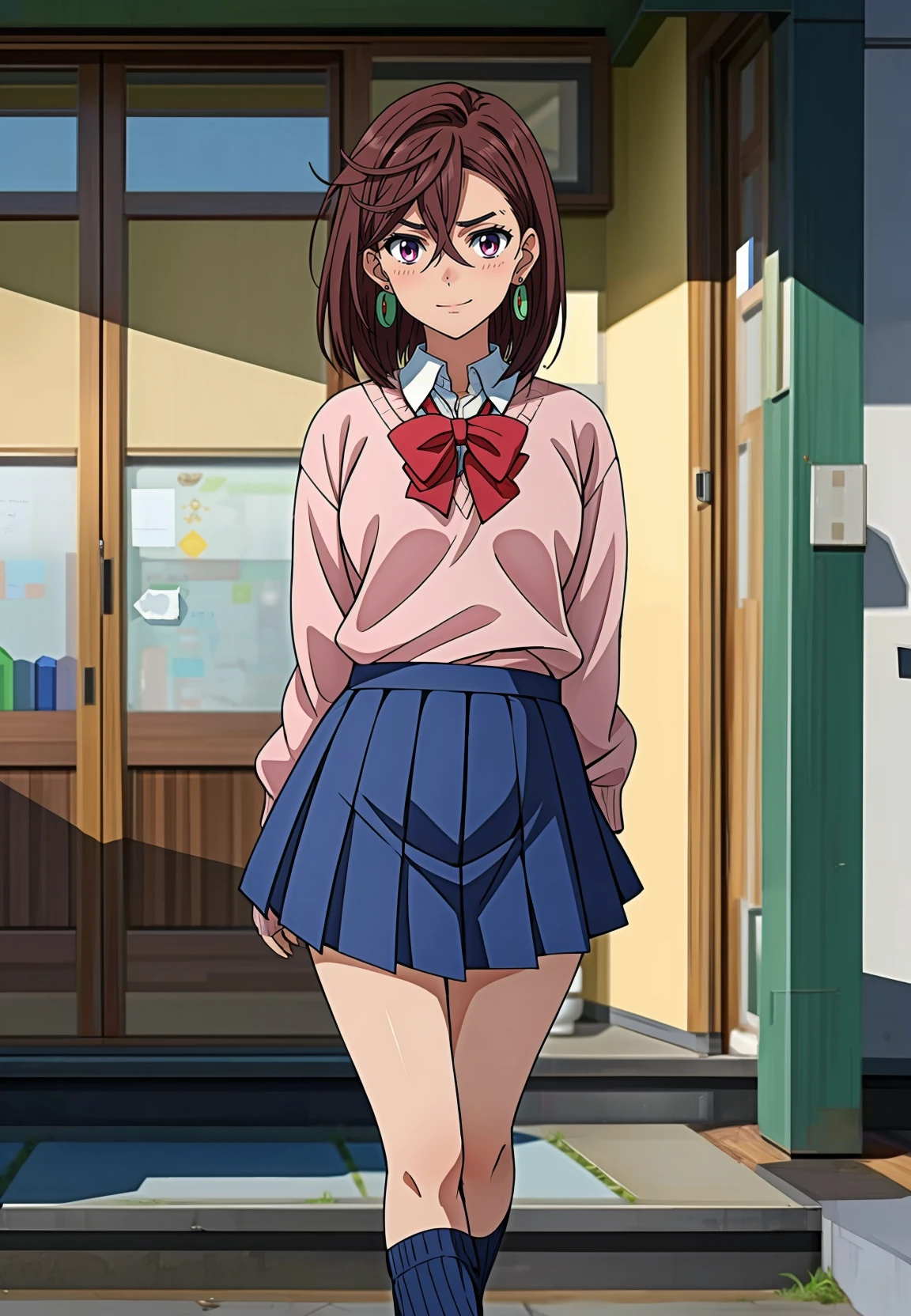 masterpiece,8k high quality detailed,highres,(solo:1.2),anime,rim light,
<lora:Momo Ayase v1:0.9>,momo ayase,1girl,brown hair,short hair,hair between eyes,brown eyes,earrings,medium breasts,pink sweater,red bow,collared shirt,pleated skirt,blue skirt,loose socks,loafers,detailed face,Haunted: Wide vacant stare pale complexion conveying sadness melancholy or a sense of loss,(Hands on the waist looking cheerful),
<lora:GoodHands-vanilla:1>,<lora:more_details:0.45>,realistic cloth texture,