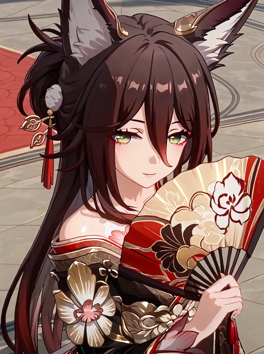 detailed background, shiny skin, posing, rating safe,
<lora:fugue.pony:1>,
fugue, 
half-closed eyes, high angle, looking at viewer, 
close up, paper fan,