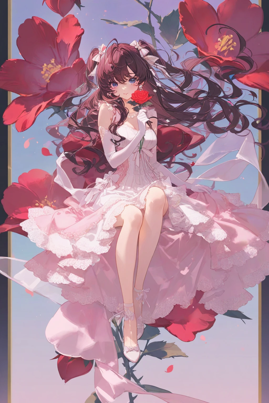 very aesthetic,high definition,masterpiece,illustratio,best quality,[artist:kedama milk],artist:ask(askzy),[artist:WANKE],artist:miji_black,artist:ciloranko,pastel xl,<lora:pastel xl:0.8>, -pastel xl, 1girl, ichinose shiki, solo, dress, long hair, blue eyes, gloves, elbow gloves, flower, looking at viewer, brown hair, white gloves, holding, white dress, red flower, sitting, holding flower, pearl necklace, hair bow, breasts, floating hair, bow, rose, pink dress, full body