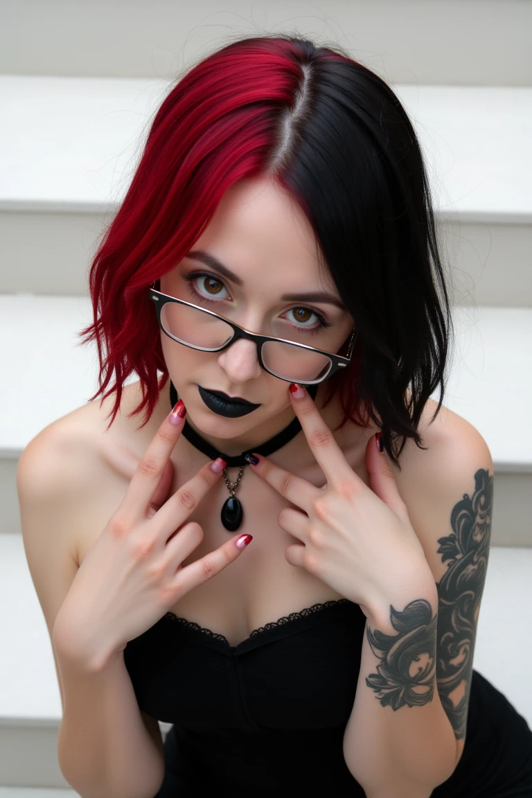 Goth girl with two-tone black and red hair. Short wavy hair. She is looking over her glasses. Black lace dress and black choker on her neck. Blackwork tattoo on her arm and black pendant on her neck. Sitting on white stairs. Emo makeup with black lipstick. Looking at the camera. Pale skin and brown eyes. From above. Photograph, realistic, higly detailed, atmospheric perspective, dim colors, Depth of field 100mm. midjourneyv6.1, detailmaximizer, Goth GIrl <lora:LookingOverGlasses_rank16_fp16-step01760:1>