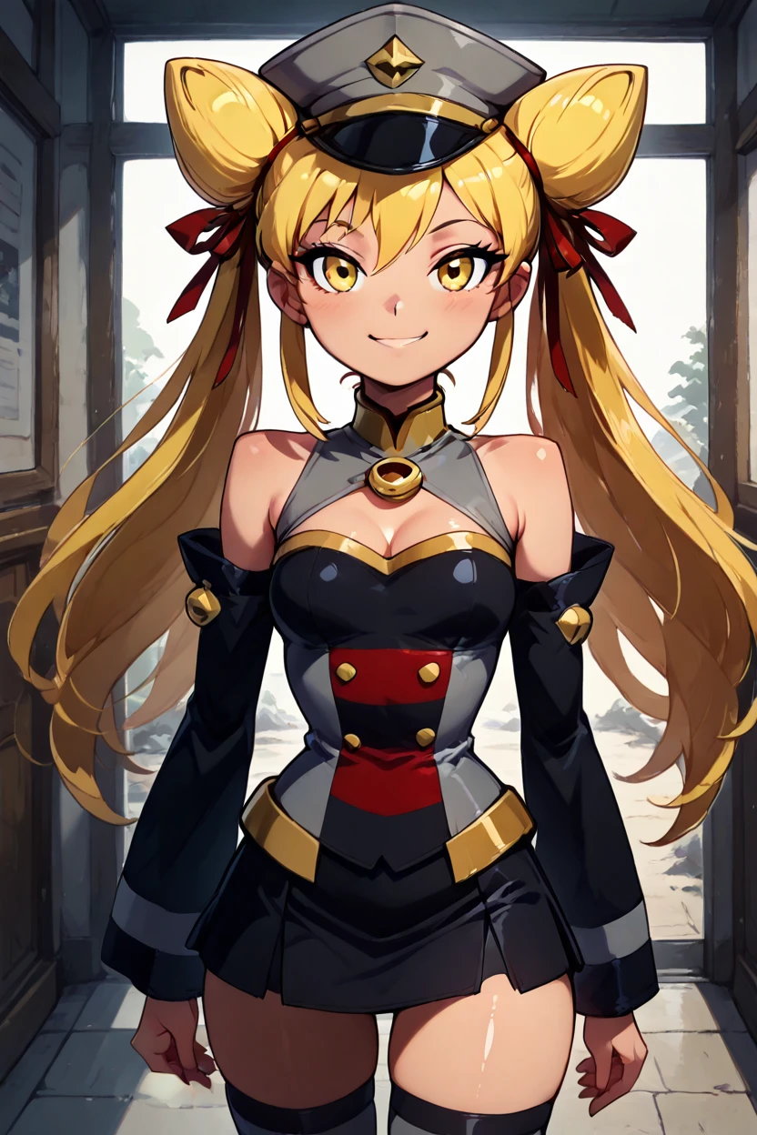 masterpiece, best quality, solo, curvy, beautiful eyes,,<lora:Giratanya_CitronOC_IXL:1.0>, zzGiratanyaCitronOC, yellow eyes, long hair, blonde hair, twintails, cone hair bun, double bun, hair bun,  black military hat, grey military uniform, black skirt, thighhighs, long sleeves, ribbon, bare shoulders, hair ribbon, detached sleeves,from above, dynamic pose, cowboy shot, smile, looking at viewer, shiny skin,<lora:TTitansStyleIXL:1.0>,