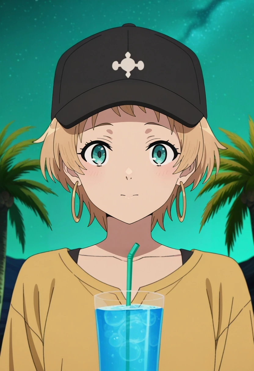 masterpiece, best quality, anime screencap, anime coloring, official style, , looking at viewer, 1girl, aqua eyes, baseball cap, blonde hair, closed mouth, earrings, green background, hat, hoop earrings, jewelry, looking at viewer, shirt, short hair, simple background, solo, upper body, yellow shirt, solo, desert oasis, palm trees, clear pool, starry sky, drinking water, relieved expression, night, <lora:mushoku_tensei_style_ilxl:1>, mushoku_tensei_style,