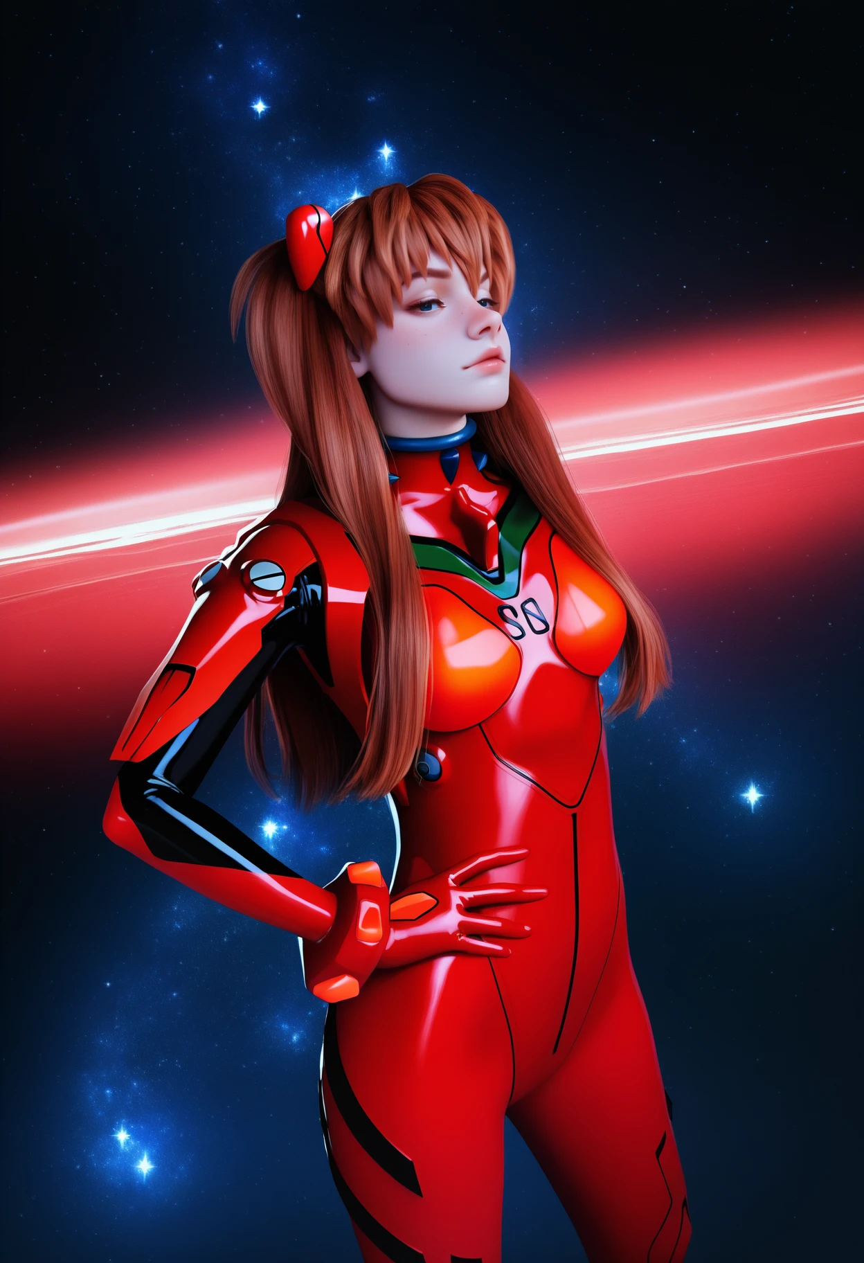 masterpiece, best quality, very aesthetic, absurdres,
realistic,3D, render, 3d render, BREAK
1girl, shirogane, souryuu asuka langley, brown hair, twintails, bangs, freckles, long hair, blue eyes,
red plugsuit, plugsuit, red bodysuit, skin tight,
looking at viewer,
dark background, simple background, particles, bokeh,
black background,starry background,galaxy background,dark,contrast,  <lora:ShiroganeNoobXL_byKonan:1>