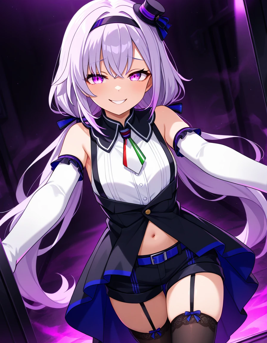 masterpiece, best quality, very aesthetic, absurdres,  pino2nd, 1girl, solo, evil smile, light purple hair, hairband, mini hat, multicolored necktie, sleeveless, white elbow gloves, short shorts,  black thighhighs, garter straps, standing <lora:ILcarropino:0.7>