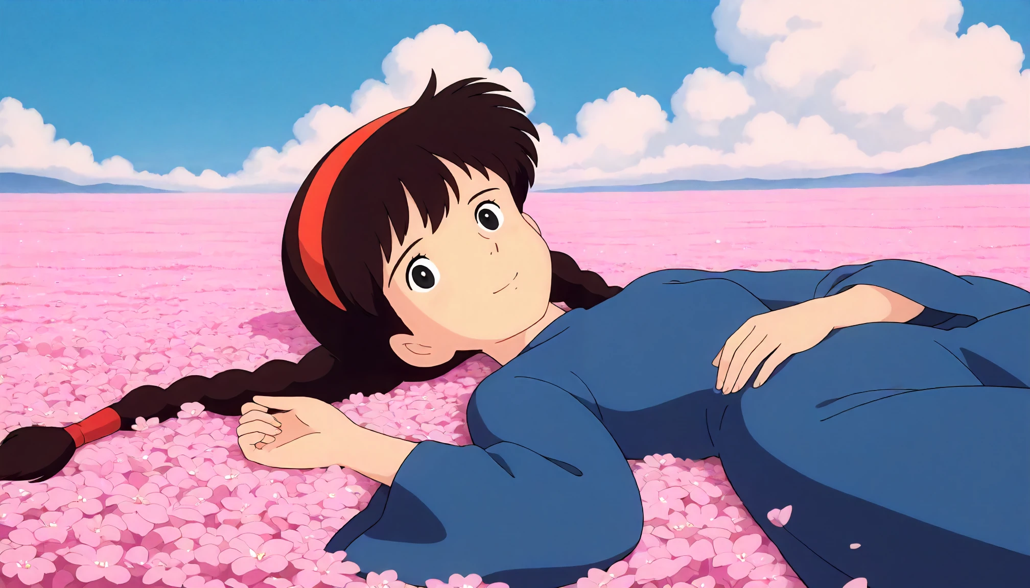 <lora:LCitS_sheetaXLIllustrious005>,
masterpiece,best quality,good quality,newest,
detailed background,blue sky,white cloud,glitter,
smile,
looking at viewer,
solo,
ghibli,anime coloring,retro artstyle,1990s \(style\),
sheeta\(tenkuu_no_shiro_laputa\),1girl,black brown hair,hairband,twin braids,black eyes,
blue dress,one-piece dress,long_sleeves,wide_sleeves,
lying,on back,