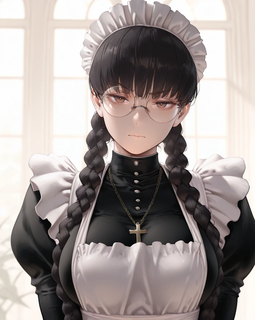 masterpiece,amazing quality,best quality,ultra-detailed,roberta,1girl,brown eyes,solo,glasses,breasts,maid,black hair,twin braids,looking at viewer,long hair,round eyewear,closed mouth,necklace,cross,apron,upper body,rimless eyewear,maid apron,<lora:roberta_01:1>,