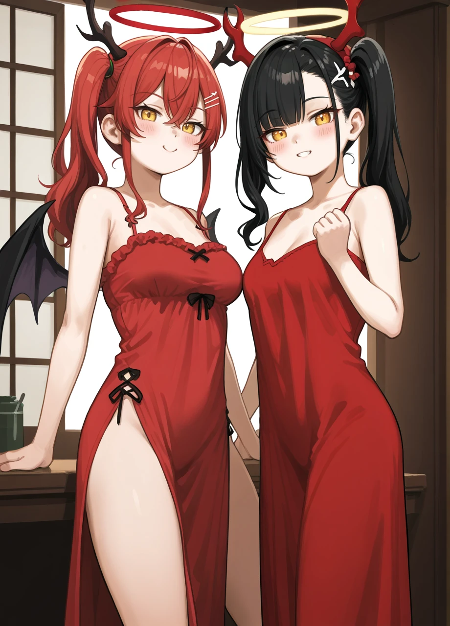 2d, kuroshiro00, lineart, angel and devil, side ponytail, fake antlers, red dress, camisole, 2girls, side by side, large breasts, thick thighs, (sfw), long dress,  rating safe, closeup, symmetrical docking,
 <lora:Kuroshiro00_PonyXL_Style:1>