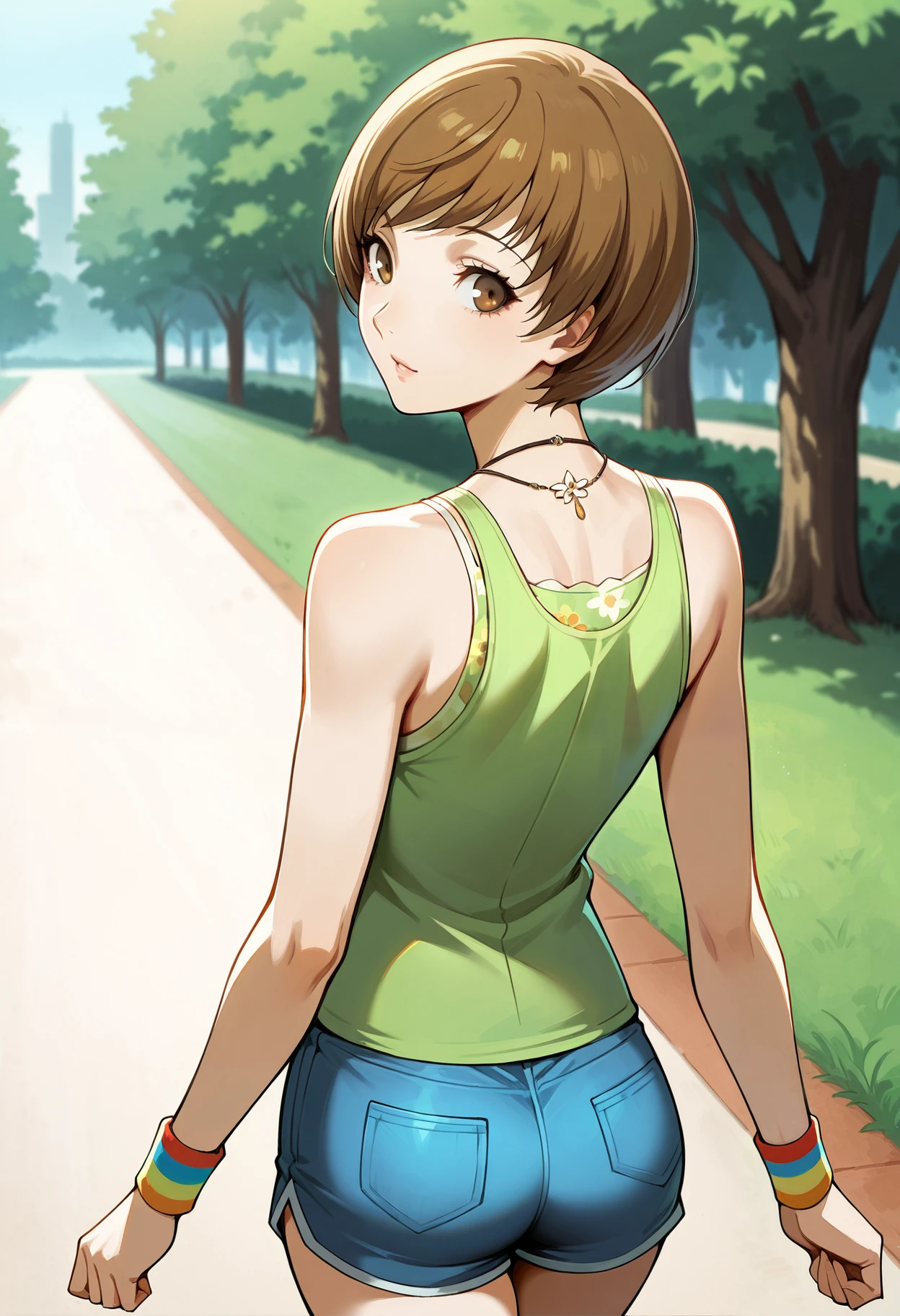 1 girl, solo, cute face,
p4chie, satonaka chie, short hair, brown hair,
p4chie-sumcas, jewelry, necklace, tank top, green tank top, floral print, bare shoulders, collarbone, wristbands, multicolor wristbands, short shorts, blue shorts,
outdoors, park, walking, from behind, rear view, looking back,
masterpiece, best quality, ultra detailed,