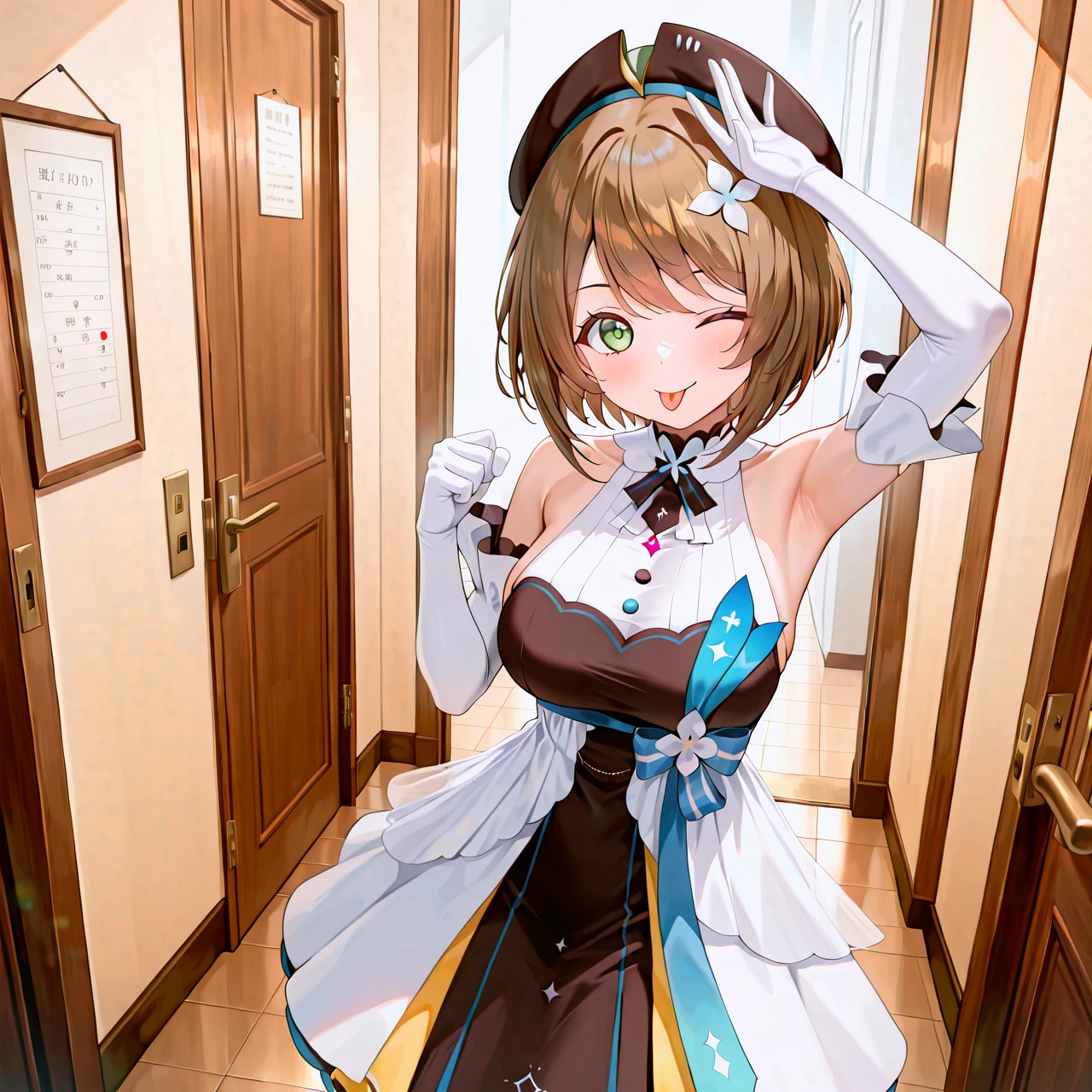 masterpiece,best quality,amazing quality,(vibrant colours, HD32K, highly detailed, ultra-detailed), very aesthetic, newest, absurdres, highres,masterpiece,best quality,hires
(Front lighting:1),quality,hires,Detailed facestanding,
1girl,solo
Standing, winking
entrance, entrance door, the door opens into a hallway, and there is a wall behind it
tehepero, dojikko pose, tongue out, one eye closed, arm up, hand up
tongue out, hand up, clenched hand, hand on own head, one eye closed, :p, ;P
<lora:noobaiXLNAIXL_epsilonPred11Version-lora:0.2>
<lora:DetailedEyes_V3:1>
<lora:ãã¾ãIL:1> komaru,green eyes, brown hair, short hair,hair ornaments,Beret,hat,,,Dress, long gloves