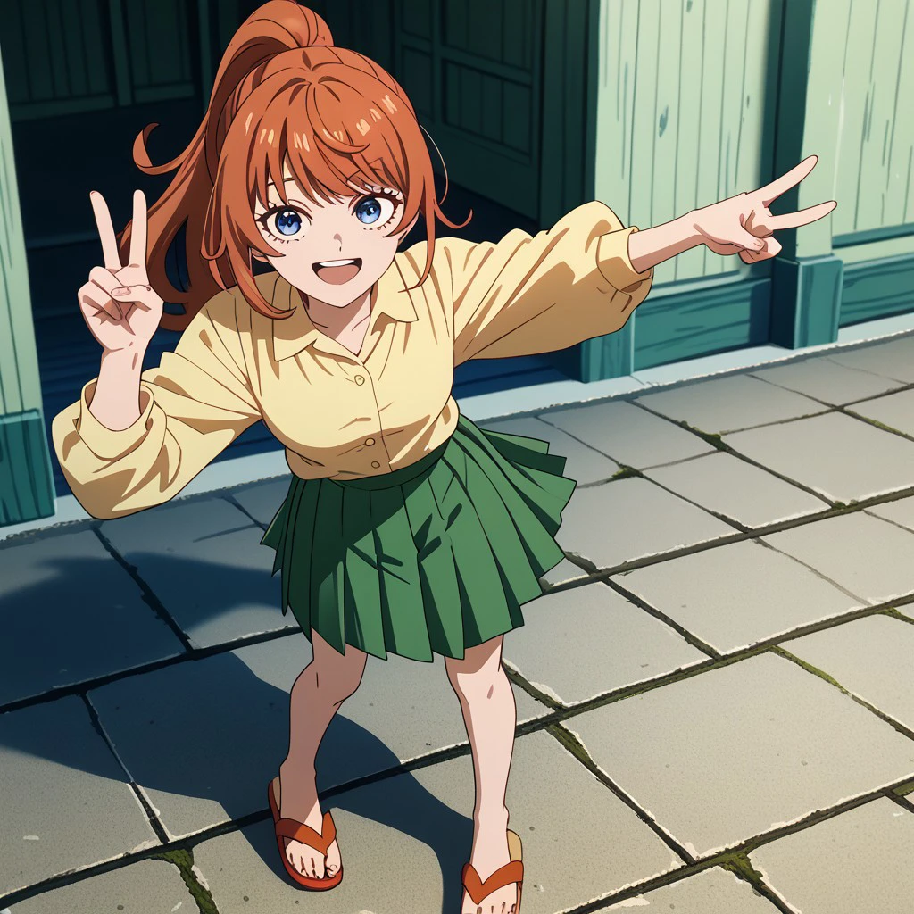 1girl, anna_taktop, red hair, ponytail, blue eyes, absurdres, 4kres, score_7_and_higher, masterpiece, high quality, good eyes, good hands, yellow shirt, pleated green skirt, sandals, smiling, confident, happy, peace signs