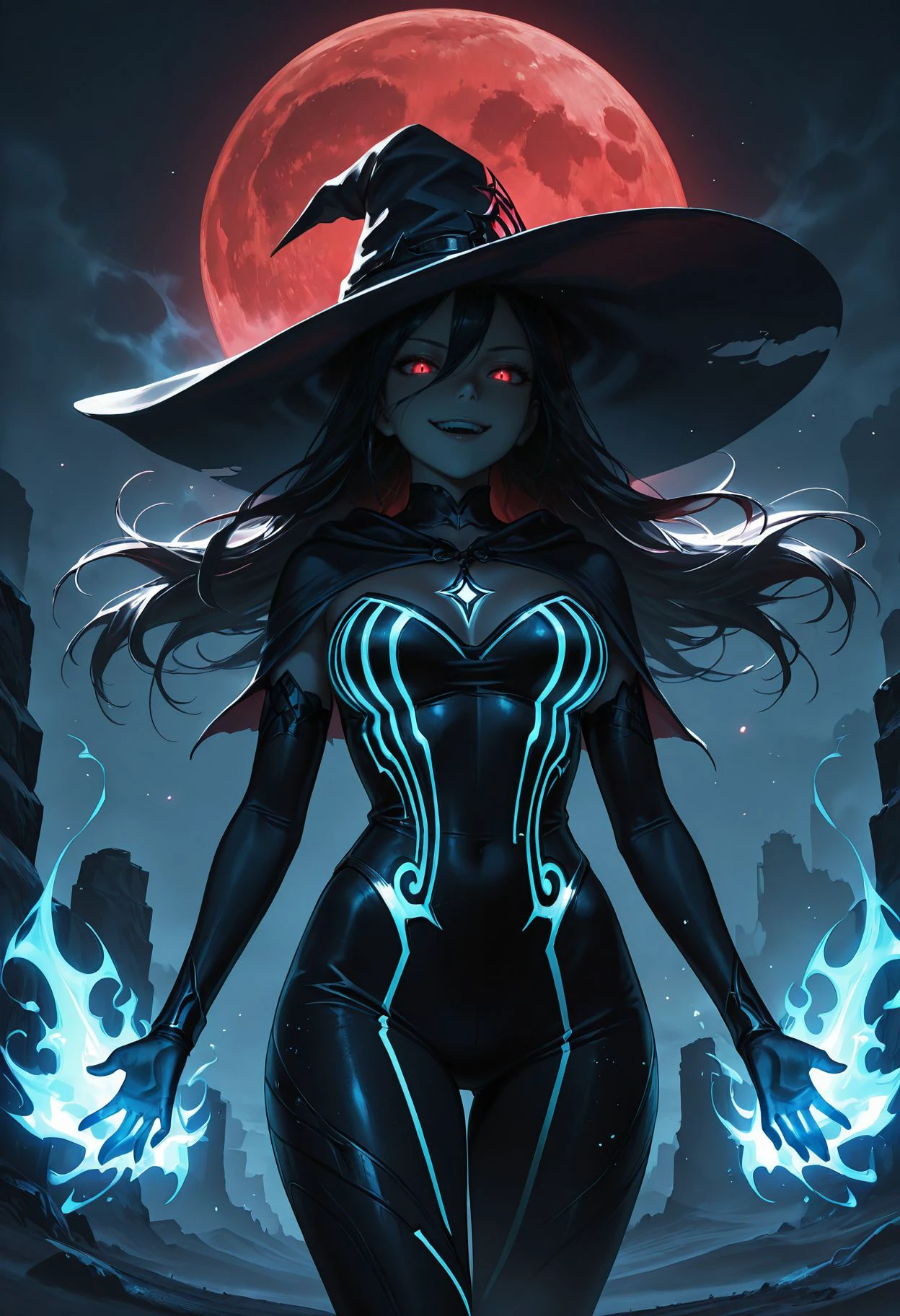 Smooth Quality - Illustrious,
1girl, witch, witch hat, evil smile, floating, floating hair, glowing eyes, villain pose, evil moonlight, mysterious atmosphere, glowing mist, luminous rocks, desert landscape, cowboy shot, from below, night, red moon, outdoors​​​, fog