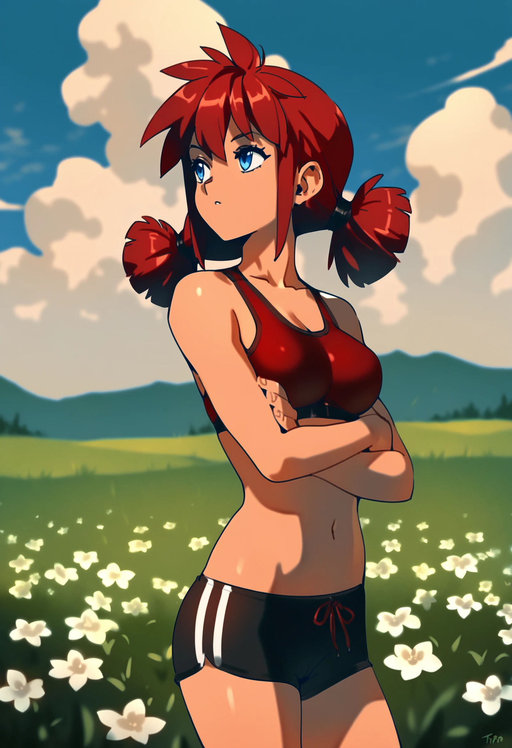 masterpiece, best quality,  optionaltypo,,

1girl, us, red hair, blue eyes, medium hair, low twintails, medium breasts, 

red sport bra, sport shorts,
 
standing, posing, grass, wind, summer, sky, clouds, flower field,  
 
 