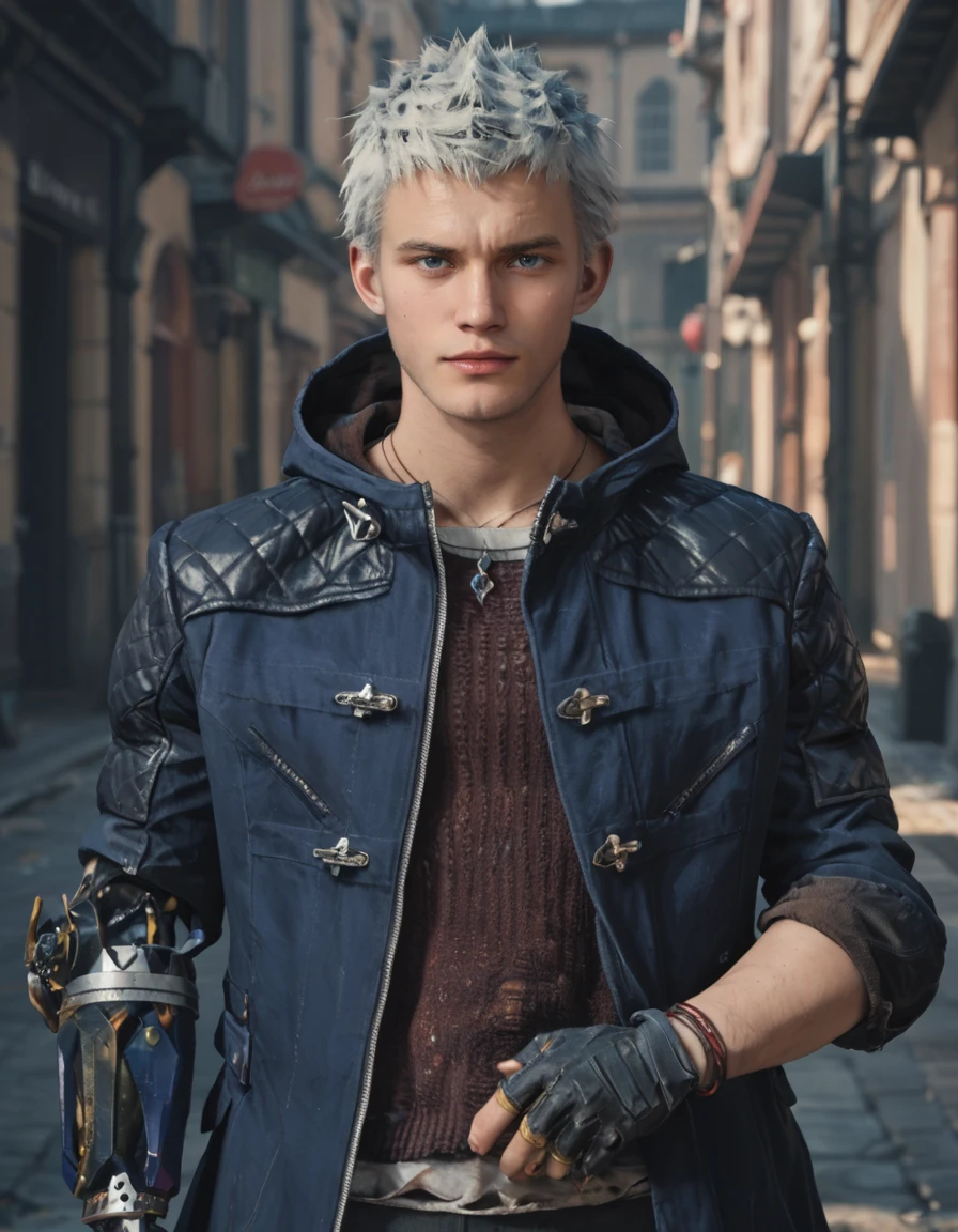 score_9, score_8_up, score_7_up, score_6_up, score_5_up, score_4, solo, outdoors
BREAK <lora:Nero_-_DMC_5_-_Pony:0.8> dmc5_nero, male, white hair, blue eyes, necklace, blue coat, hood down, sweater, bracelet, single glove, pants, single mechanical arm, looking at viewer, upper body