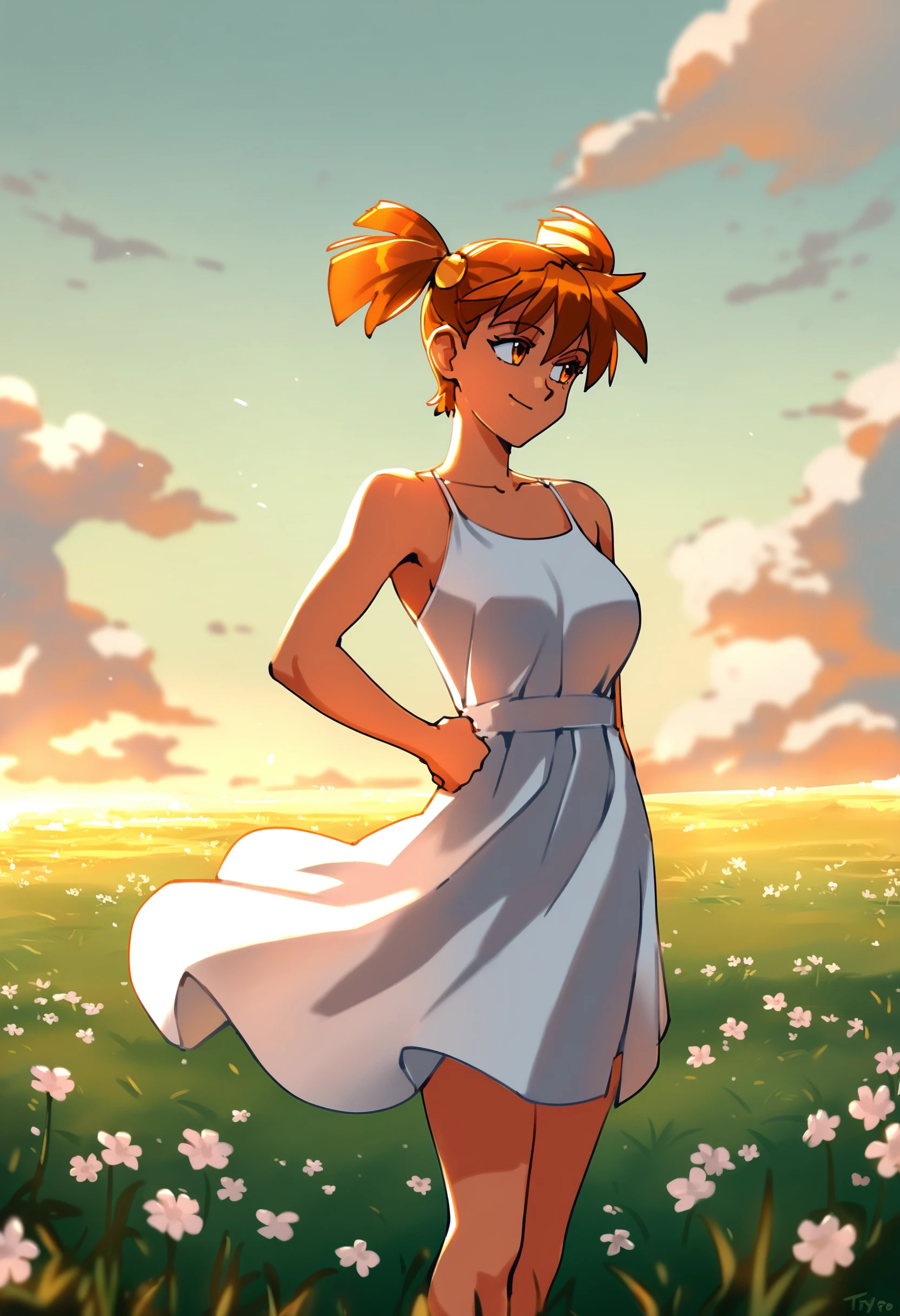 masterpiece, best quality, absurdres, color contrast, gritty, optionaltypo,
cowboy shot, 
1girl, AliceDV, short hair, short twintails, orange hair, orange eyes, large breasts,  

white summer dress,
standing, grass, wind, summer, sky, clouds, flower field, smile, sunlight, 
 
standing, grass, wind, summer, sky, clouds, flower field, smile, sunlight, 
 