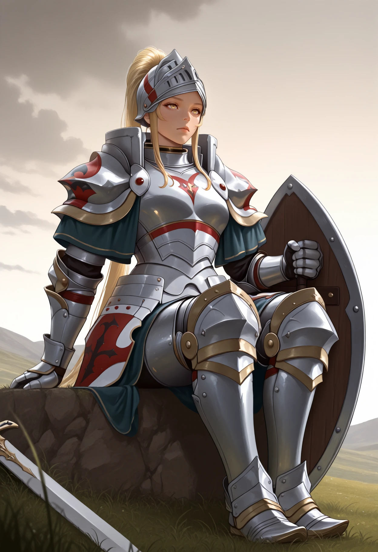 masterpiece, best quality, realistic, 1girl, full body, sitting, expressionless, looking afar, shield, sword, <lora:JadeFE-illu:1> dfJade, blonde hair, long hair, ponytail, sidelocks, helmet, hair through headwear, yellow eyes, full armor, knight, pauldrons, gauntlets, faulds, greaves, armored boots, grass, hill, sky, cloud