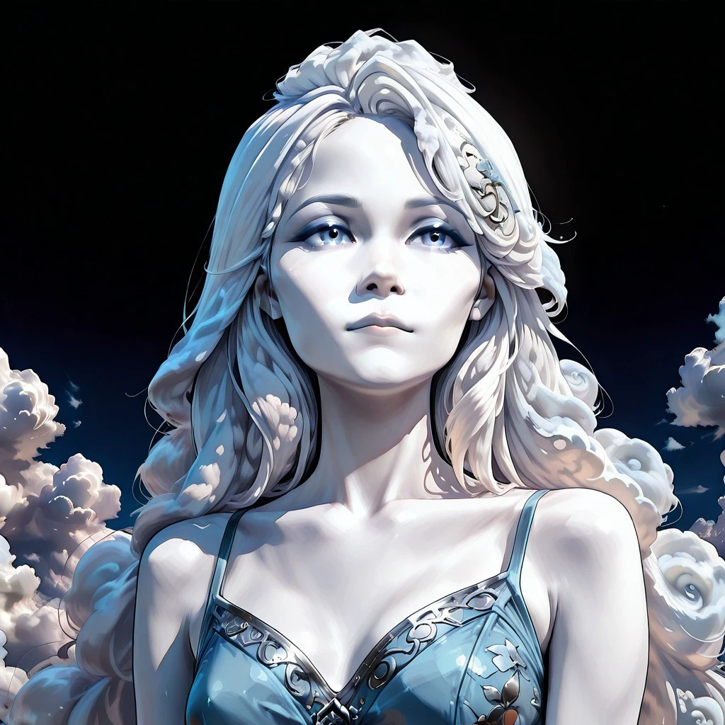 masterpiece, best quality, newest, absurdres, highres,  PaintedComicV4.0,  Air(Theme), 1girl, livling cloud, cloud hair,