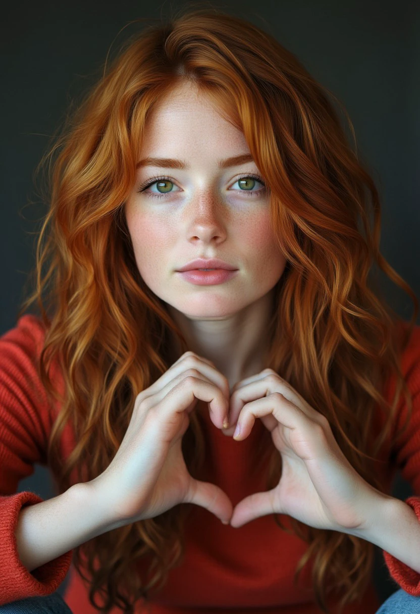 A red head girl with green eyes TestModel04, doing a heart shape with her hands