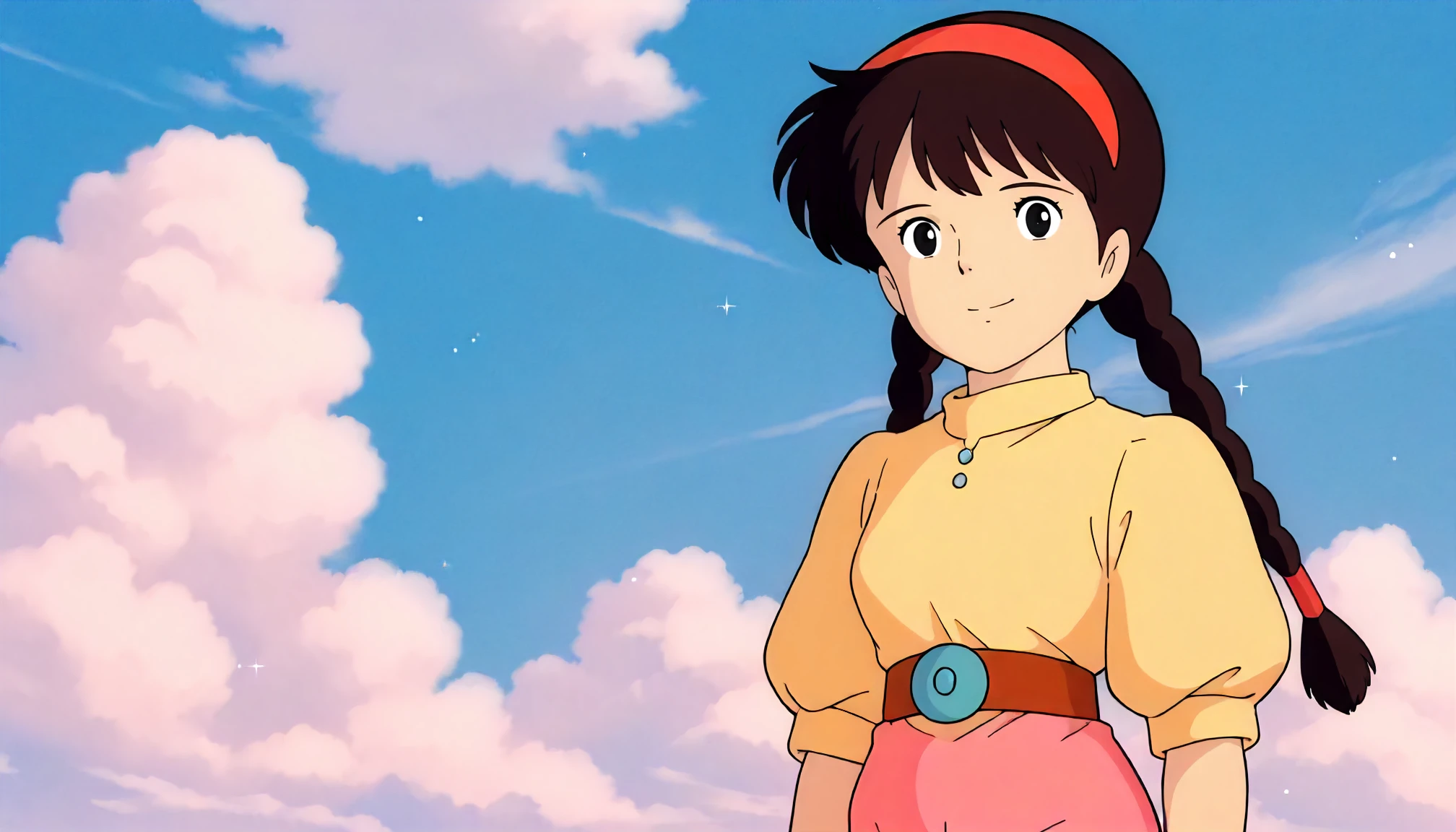 <lora:LCitS_sheetaXLIllustrious005>,
masterpiece,best quality,good quality,newest,
detailed background,blue sky,white cloud,glitter,
smile,
looking at viewer,
solo,
ghibli,anime coloring,retro artstyle,1990s \(style\),
sheeta\(tenkuu_no_shiro_laputa\),1girl,black brown hair,hairband,twin braids,black eyes,
yellow shirt,puffy_sleeves,short_sleeves,belt,pink pants,wide pants,
standing,