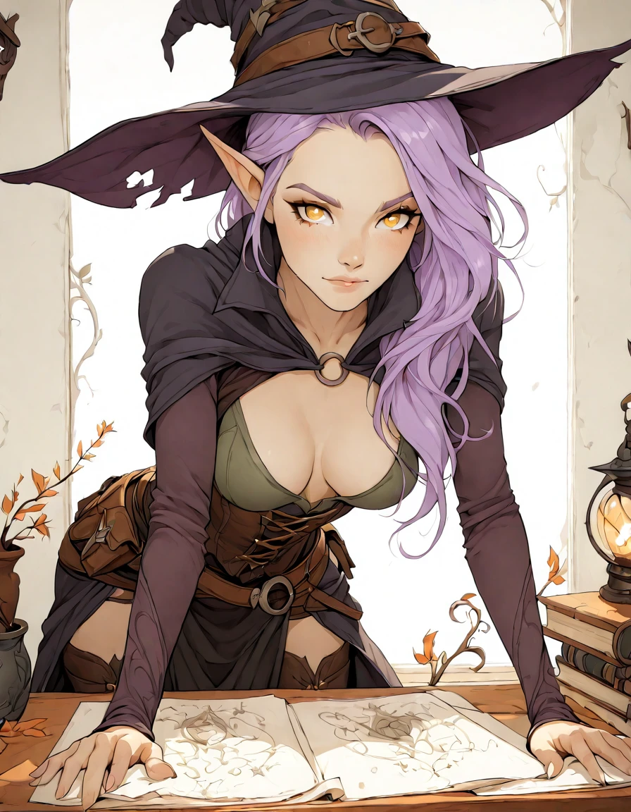 (artwork:1.2),(lineart:1.33),young,1girl,portrait female elf witch in a decaying swamp,close-up,disappointed look,heavy-hat,long-torn-clothes,seductive,(hyperdefined),(inked-art),purple green tones,unusual-angle,cartoon,fantasy victorian aesthetic,complex lighting,(flat colors),ultradetailed,(fine-details:1.2),absurdres, (atmosphere), coherent