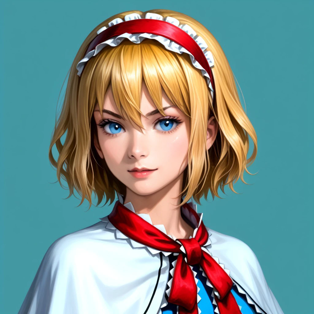 ((RTKXI style)), (145), ((portrait)), ((painted)), ((realistic)), simple background, upper body, 1girl, solo, looking at viewer, ((alice margatroid)), (blonde hair), hairband, red hairband, (short hair), frilled hairband, hair between eyes, (blue eyes), dress, capelet, blue dress, white capelet, bow, short_sleeves, long sleeves, frills