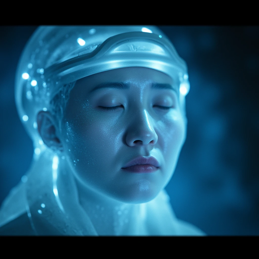 cinematic film still of  <lora:2600 - Halo style v1:0.8>
In Futuristic 26th century 2600 BCE Asian a woman frozen with her eyes closed and her face covered in frost ice inside a cave, solo, 1boy, monochrome, male focus, blurry, letterboxed, blue theme, realistic, cinematic, filmic, dramatic light, sci fi, action themed, futuristic, halo style, no humans, sunlight, helmet, bubble, light rays, underwater, air bubble, lips, portrait, close-up, facial hair, shallow depth of field, vignette, highly detailed, high budget, bokeh, cinemascope, moody, epic, gorgeous, film grain, grainy