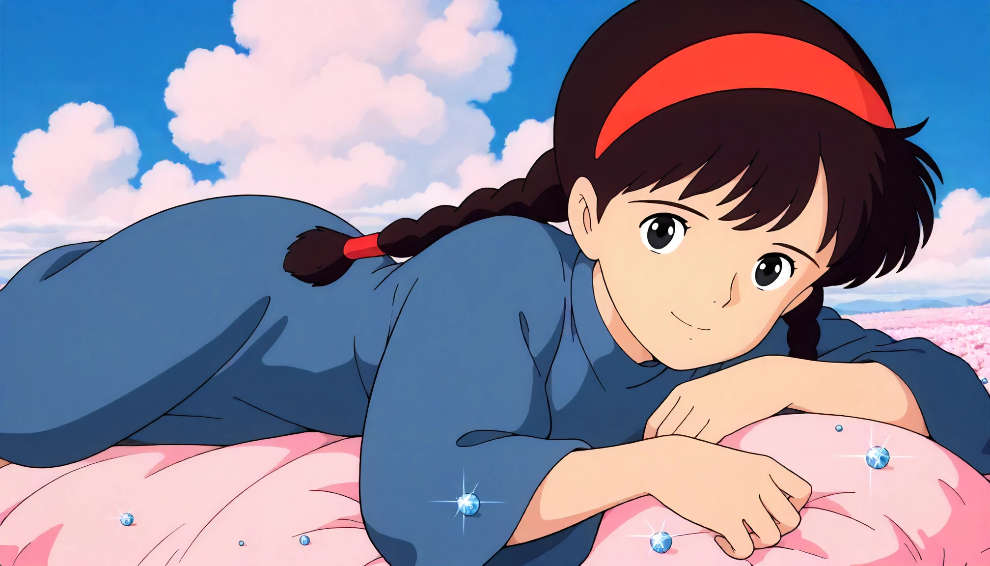 <lora:LCitS_sheetaXLIllustrious005>,
masterpiece,best quality,good quality,newest,
detailed background,blue sky,white cloud,glitter,
smile,
looking at viewer,
solo,
ghibli,anime coloring,retro artstyle,1990s \(style\),
sheeta\(tenkuu_no_shiro_laputa\),1girl,black brown hair,hairband,twin braids,black eyes,
blue dress,one-piece dress,long_sleeves,wide_sleeves,
on_side,lying,