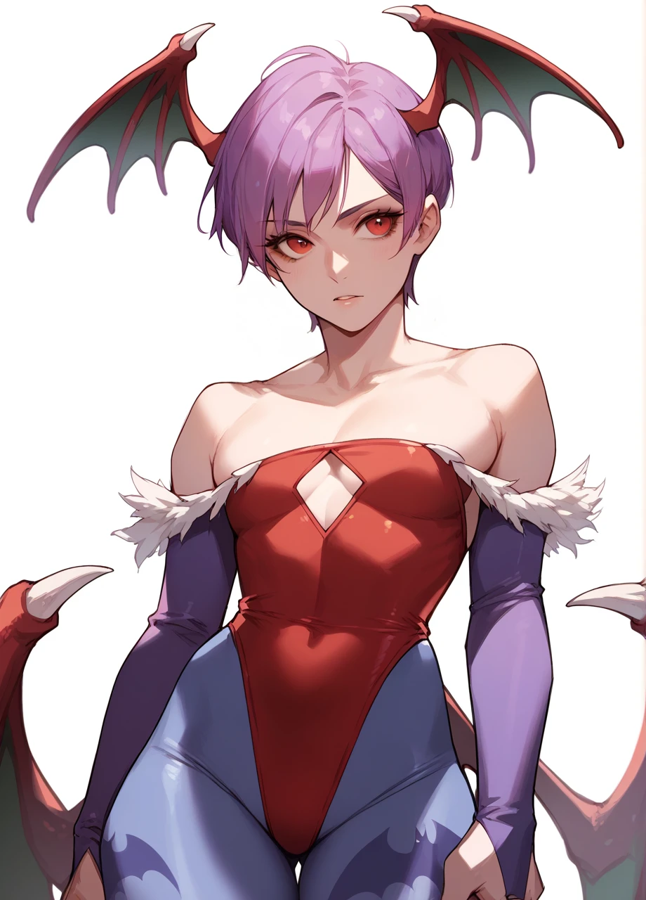 <lora:lilith11:0.9> dslilith, demon girl, solo, cowboy shot, white background, short hair, purple hair, red eyes, red leotard, exposed shoulders, bridal gauntlets, bat-print legwear, pantyhose, head wings, score_8_up, score_7_up, score_6_up, score_5_up