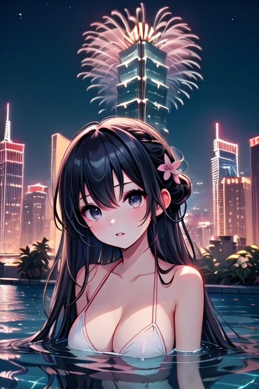 ((rooftop pool)), ((aerial fireworks)), taipei_101, skyscraper, 1girl, copper hair, updo, parted lips, slim figure, bikini, hair flower, partially submerged in water, swimming, city, sky, cityscape, skyline, horizon, night, night sky, city lights, scenery, outdoors, from below, <lora:girllikerooftoppool:0.9>