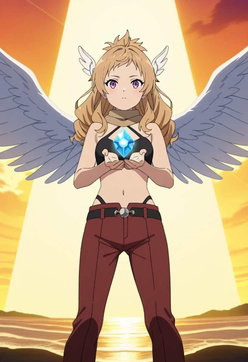 masterpiece, best quality, anime screencap, anime coloring, official style, intricate details, , 1girl, purple eyes, ash blonde hair, beach waves hairstyle, hair weapon, halterneck, brown pants, brown scarf, wings, solo, ethereal spire, glowing beams, radiant crystals, misty paths, ascending pose, hopeful expression, celestial dawn, <lora:mushoku_tensei_style_ilxl:1>, mushoku_tensei_style,