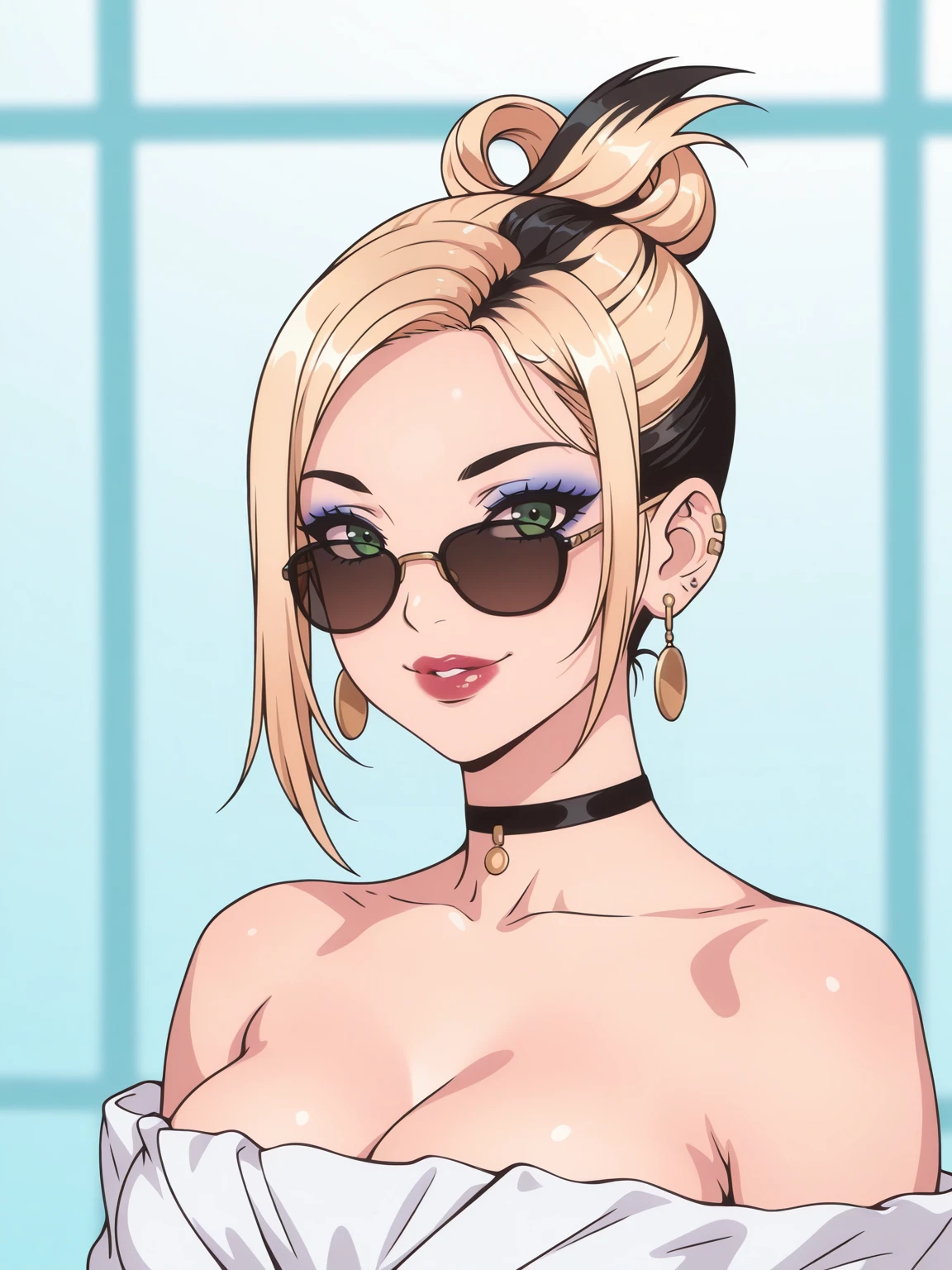 Masterpiece,best quality,1girl,solo,vector art,looking at viewer,blonde hair,sunglasses,choker,green eyes,upper body,smile,puffy lips,lipstick,medium breasts,off-shoulder kimono,
1girl, solo, looking at viewer, smile, blonde hair, jewelry, upper body, multicolored hair, earrings,  two-tone hair, makeup,  eyeshadow,with edgLevitating_hairstyle
 <lora:edgLevitatingILS:0.95>