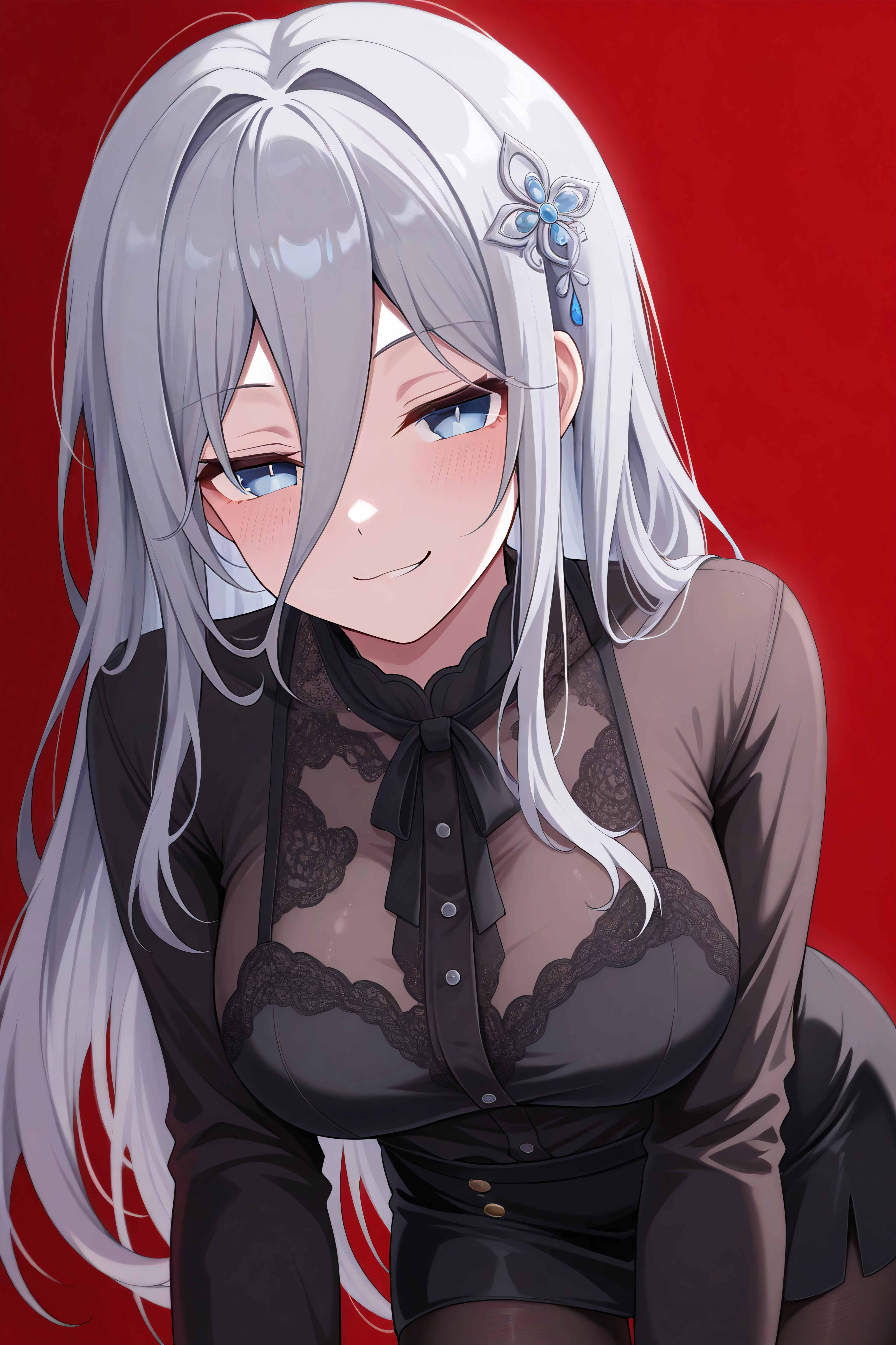 masterpiece, best quality, <lora:Mio Takamiya-Illustrious-lora-Faxtron:1> mio takamiya, blue eyes, grey hair, long hair, hair between eyes, smirk, 
 <lora:0968 Home wear 15_v1_pony:1> ,ruanyi0968,black pantyhose,black skirt,see-through,hair ornament,black shirt,