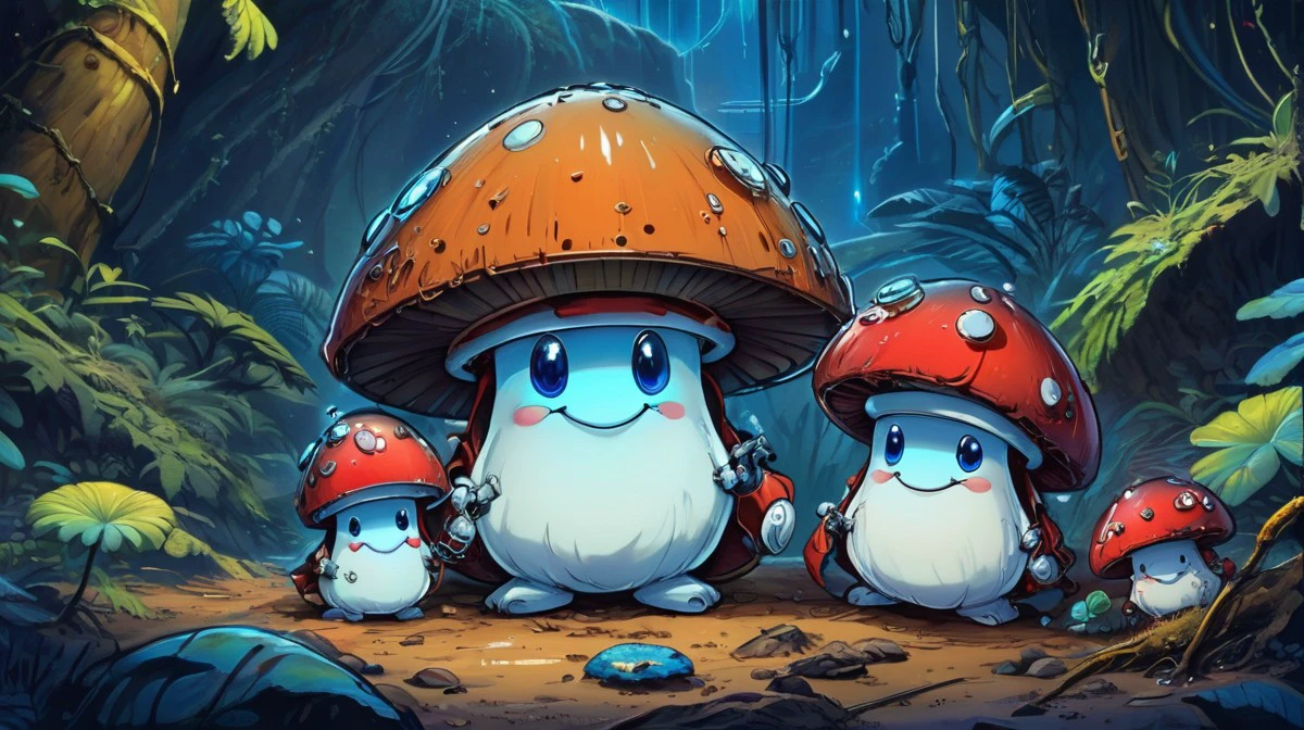 score_9, score_8_up, score_7_up,cute mushroom,1, boletus, brown hat, no legs, no arms, smile, red cap covered in white spot, big blue eyes, sci-fi, funny, neons, future, futuristic world, fantasy, detailed drawing , cute <lora:cute_mushroom:1>