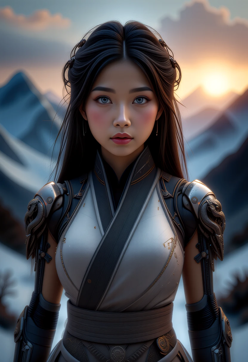 In a serene post-apocalyptic world, a young asian woman, a vision of ninjapunk elegance, stands amidst a snowy landscape as the dawn sun peaks over the mountain range. Her olive skin and long dark hair frame her striking features, enhanced by mechanical_arms and mystical makeup. Her captivating eyes, one a dimly lit mechanical eye, the other a natural gray-blue eye, add to her ethereal beauty. Her wide mouth and full lips make her captivating. She wears a traditional garment, ornate with intricate chinese dragons on the top of her mechanical_arms,   her outfit a variation of dark pastel_colors, a testament to ancient cultures.     <lora:art and styles/MysticFantasy.safetensors:1.0>,  <lora:flux/flux_realism_lora.safetensors:1.0>,