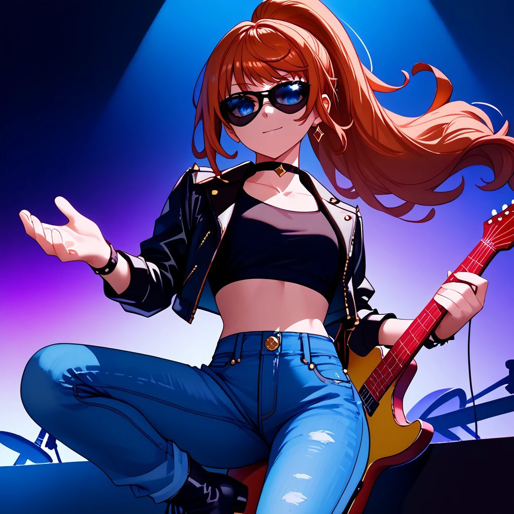 1girl, anna_taktop, red hair, ponytail, blue eyes, absurdres, 4kres, score_7_and_higher, masterpiece, high quality, good eyes, good hands, black leather jacket, studs crop top, jeans,  black boots, playing guitar, shades, freebos_smoothiestyle, concert