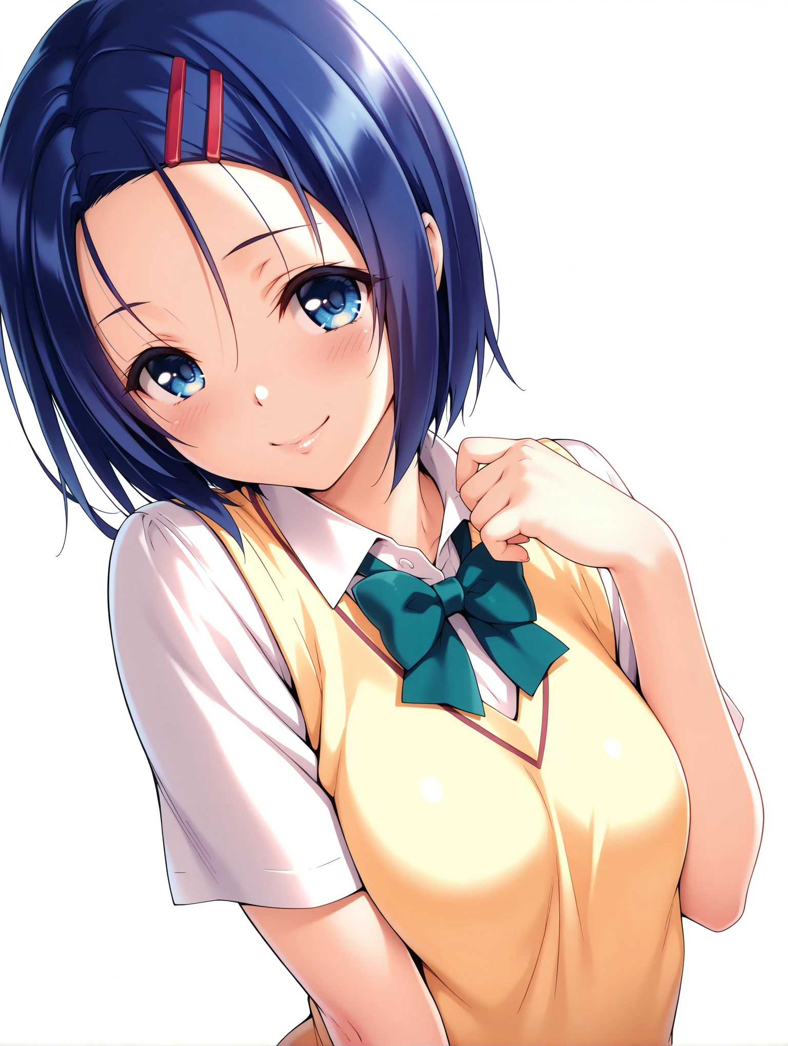 masterpiece,best quality,amazing quality,solo,1girl,
<lora:s_haruna_ilxl_v1:1>,h_clip,blue hair,blue eyes,h_clothes,short sleeve blouse,school uniform,sweater vest,<lora:Fixhands_anime_bdsqlsz_V1:1>,dynamic_angle,cinematic_angle,seductive_smile,portrait,white background,simple_background,light_blush,