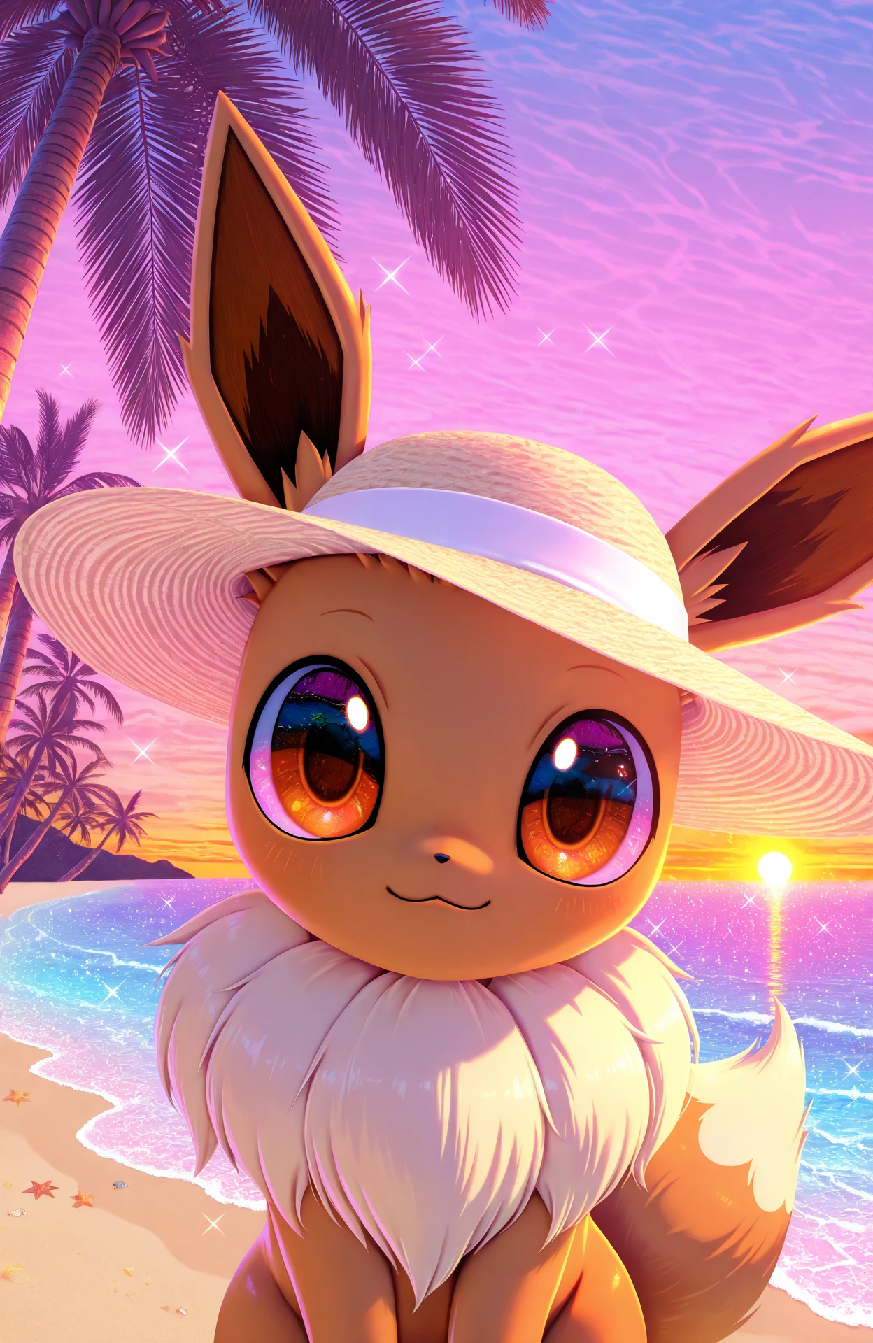 masterpiece, best quality, high quality, good quality, absurdres, newest, very awa, 1girl, eevee, cute, looking at viewer, sun hat, big eyes, fluffy, safe, solo, beach, sunset, palm tree, vaporwave, sparkle  <lora:BCkiwis_3D_Art_Style_ILNOOB-000014:0.8>