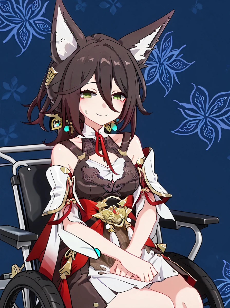 detailed background, shiny skin, posing, rating safe,
<lora:fugue.pony:1>,
tingyun,
wheelchair, sit, nervous smile, half-closed eyes, looking at viewer, sweat,
