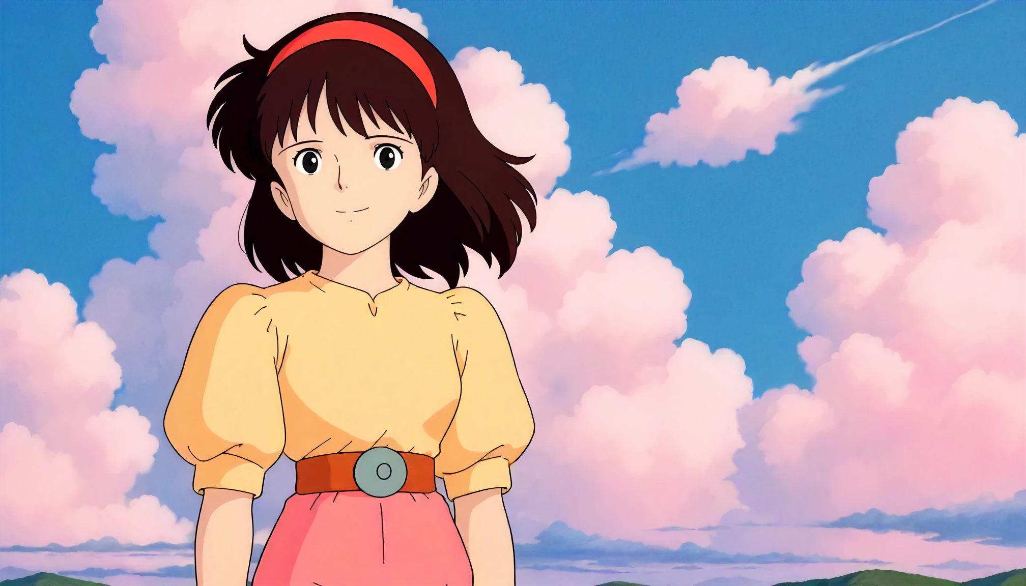<lora:LCitS_sheetaXLIllustrious005>,
masterpiece,best quality,good quality,newest,
detailed background,blue sky,white cloud,glitter,
smile,
looking at viewer,
solo,
ghibli,anime coloring,retro artstyle,1990s \(style\),
1girl,black brown hair,red hair band,medium hair,black eyes,
yellow shirt,puffy_sleeves,short_sleeves,belt,pink pants,wide pants,
standing,