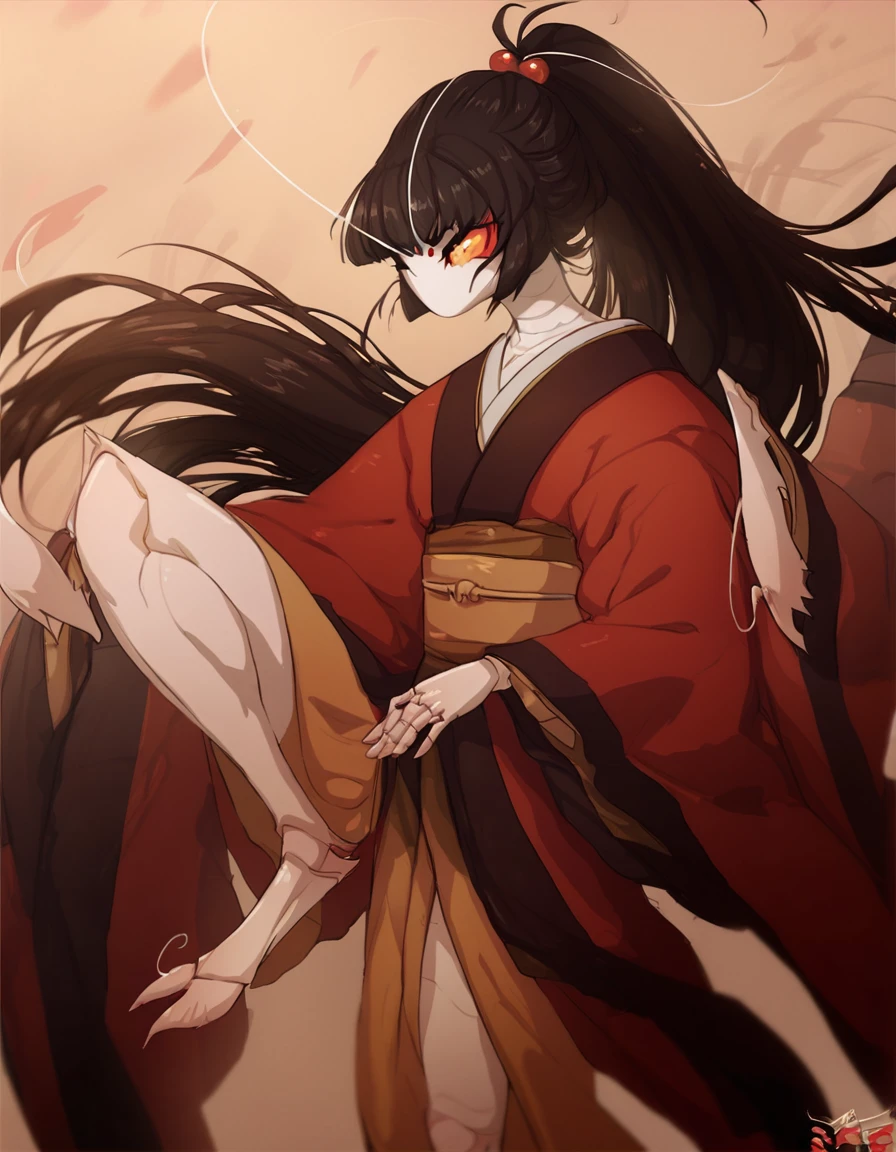 score_9, score_8_up, score_7_up, score_6_up, score_5_up, score_4_up, <lora:nae_mantis:1>, nae_mantis, black hair, long hair, japanese clothes, kimono, ponytail, red kimono, sash, ((leg hold))