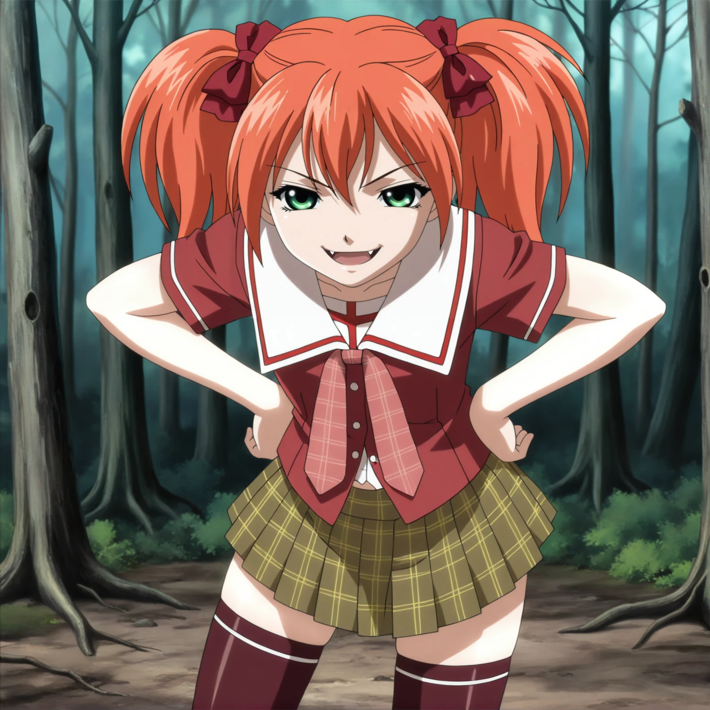 masterpiece, best quality, amazing quality, very aesthetic, absurdres, shuzen_kokoa, 1girl, solo, serafuku, hair bow, green eyes, plaid skirt, thighhighs, smug, [fangs],forest, bare tree, flat chest <lora:kokoa_v1:0.95>