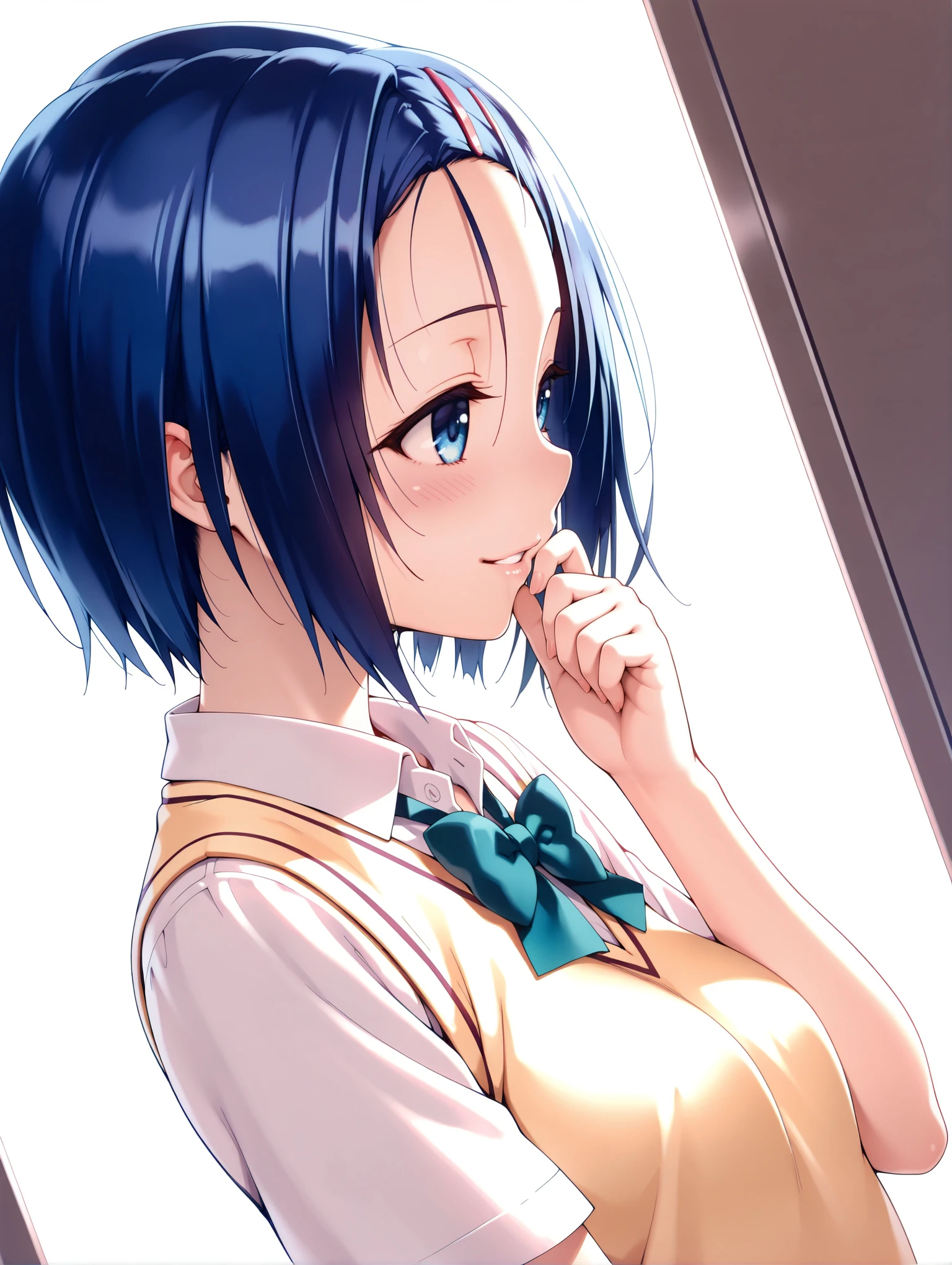 masterpiece,best quality,amazing quality,solo,1girl,
<lora:s_haruna_ilxl_v1:1>,h_clip,blue hair,blue eyes,h_clothes,short sleeve blouse,school uniform,sweater vest,
<lora:Fixhands_anime_bdsqlsz_V1:1>,dynamic_angle,cinematic_angle,seductive_smile,white background,simple_background,light_blush,profile,hand to own mouth,parted lips,