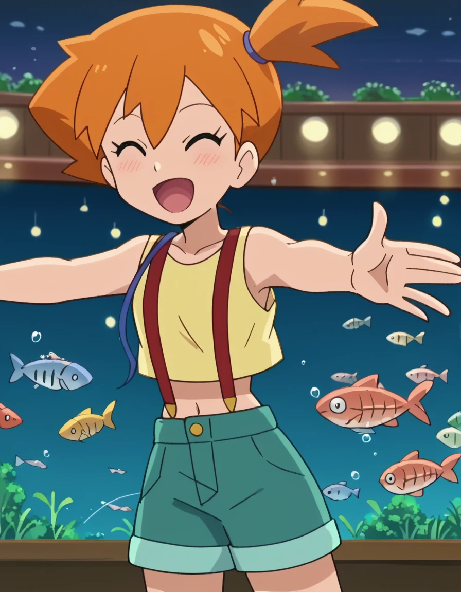 score_9, score_8_up, score_7_up, source_anime, <lora:misty-s25-ponyxl-lora-nochekaiser:1>, misty, misty (pokemon), short hair, green eyes, orange hair, side ponytail, anime screencap, shirt, navel, shorts, midriff, crop top, suspenders, green shorts, suspender shorts,, nightclub, lights, music, dance, drinks, smile, <lora:sakana-ponyxl-lora-nochekaiser:1> sakana, sakana~ (meme), meme, aquarium, standing on one leg, palms together, fish tank, own hands together, standing, outstretched arms, closed eyes, blush, open mouth,, looking at viewer, solo,, dutch angle, cowboy shot