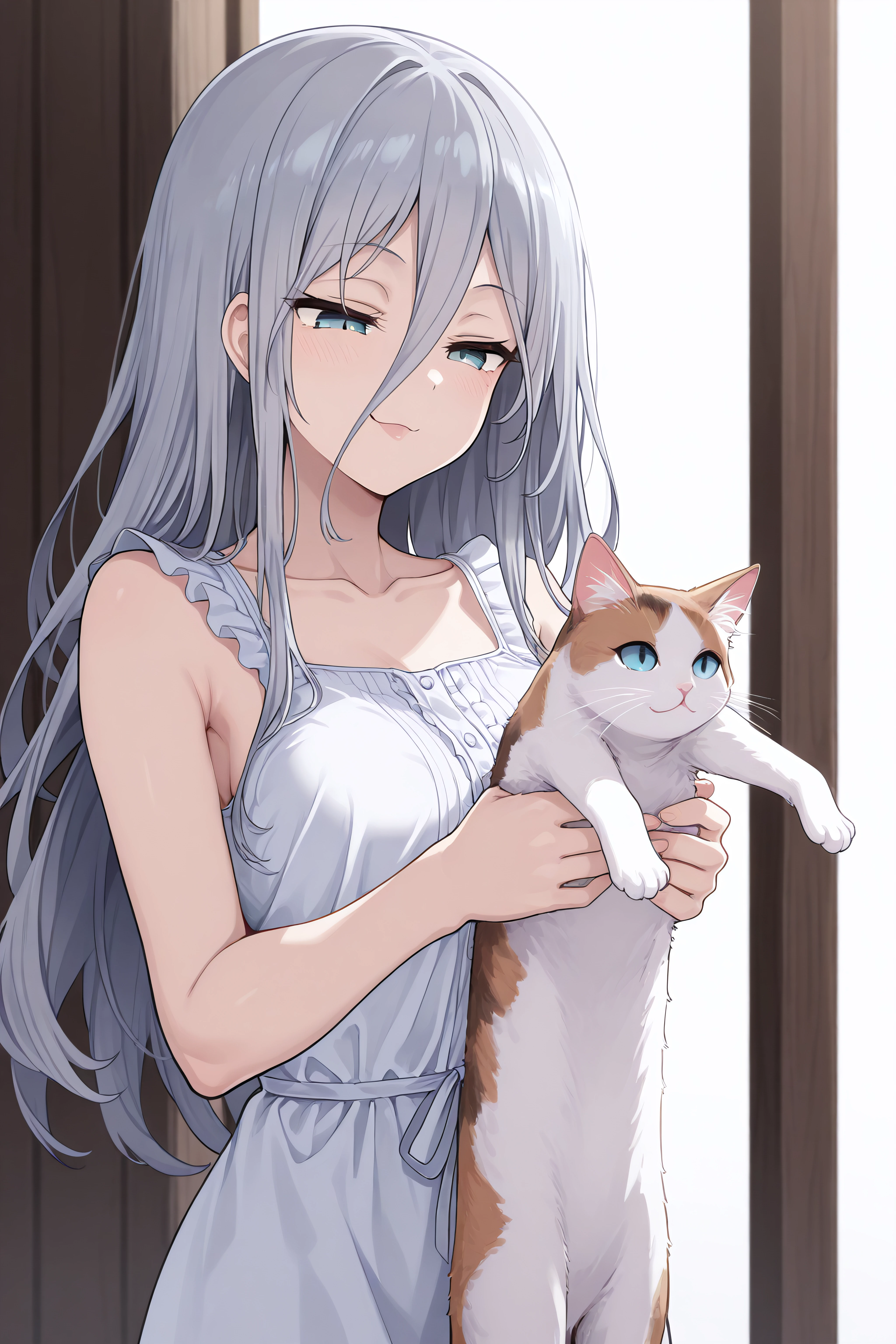 masterpiece, best quality, <lora:Mio Takamiya-Illustrious-lora-Faxtron:1> mio takamiya, blue eyes, grey hair, long hair, hair between eyes, white dress, collarbone, sleeveless, 
 <lora:longcat-ponyxl-lora-nochekaiser:1> longcat, longcat (meme), armpit carry, meme, holding cat, holding animal, cat, animal,, naughty face,