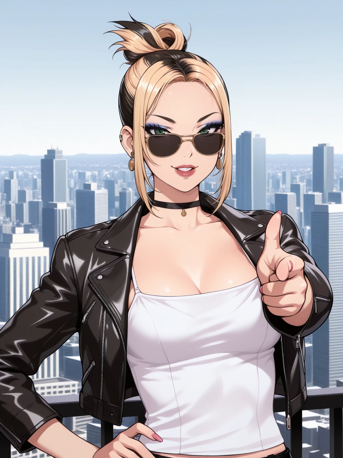 Masterpiece,best quality,1girl,solo,vector art,looking at viewer,blonde hair,sunglasses,choker,green eyes,upper body,smile,puffy lips,lipstick,tsurime,finger gun,pointing at viewer,hand on hip,parted lips,grin,medium breasts, leather jacket,city skyline background, 
1girl, solo, looking at viewer, smile, blonde hair, jewelry, upper body, multicolored hair, earrings,  two-tone hair, makeup, camisole, eyeshadow,  white camisole,with edgLevitating_hairstyle
 <lora:edgLevitatingILS:1>