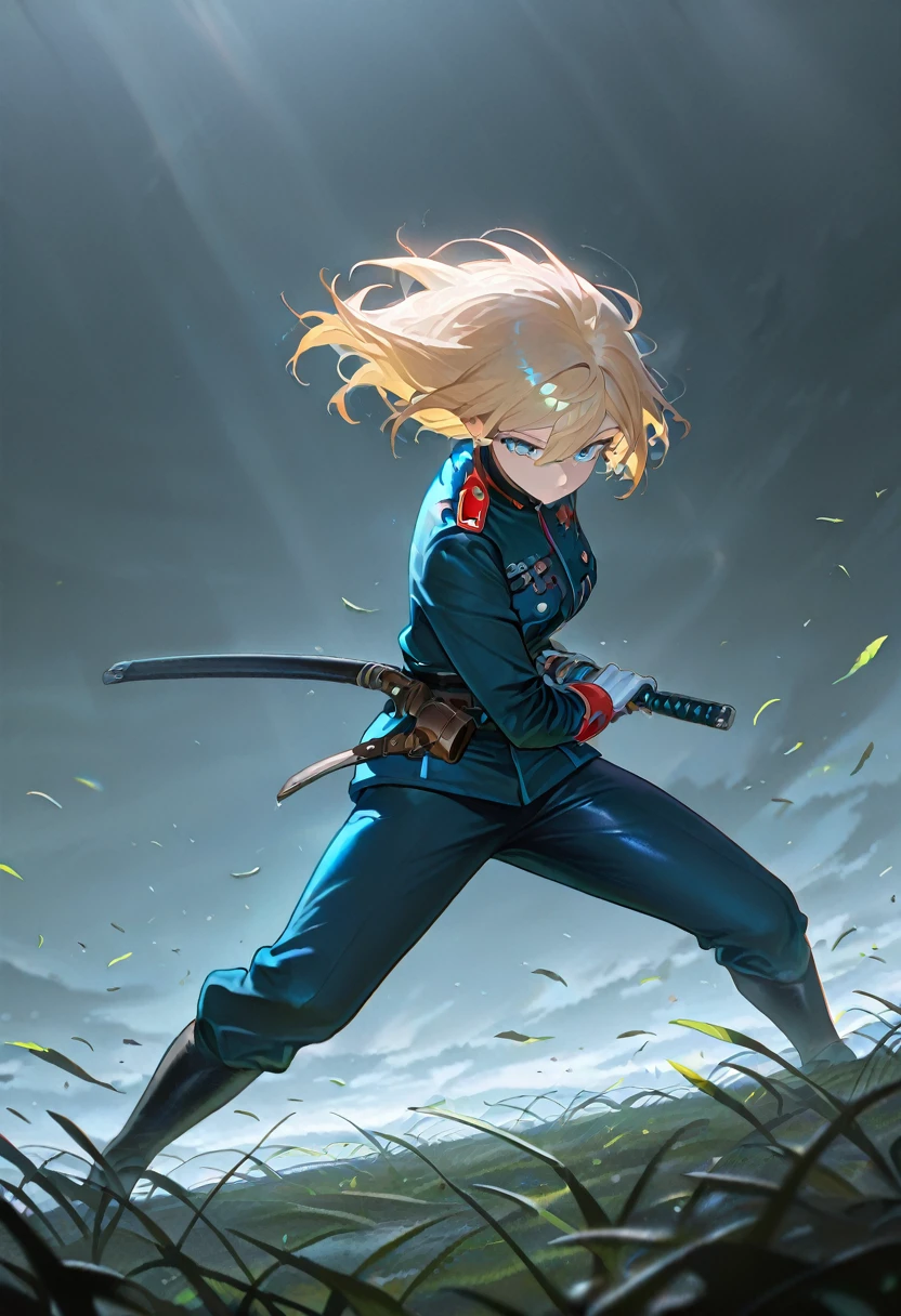 1girl, blue eyes, blonde hair,
solo,
military uniform,
dynamic pose, battoujutsu stance,
sheathed, sheath,
wind, falling leaves,
outdoors, grass,
(colorful:0.6), (shiny skin:0.8),
masterpiece, best quality, amazing quality, very aesthetic, absurdres, newest, scenery, (volumetric lighting:1.1), depth of field <lora:Battoujutsu_Stance:1>