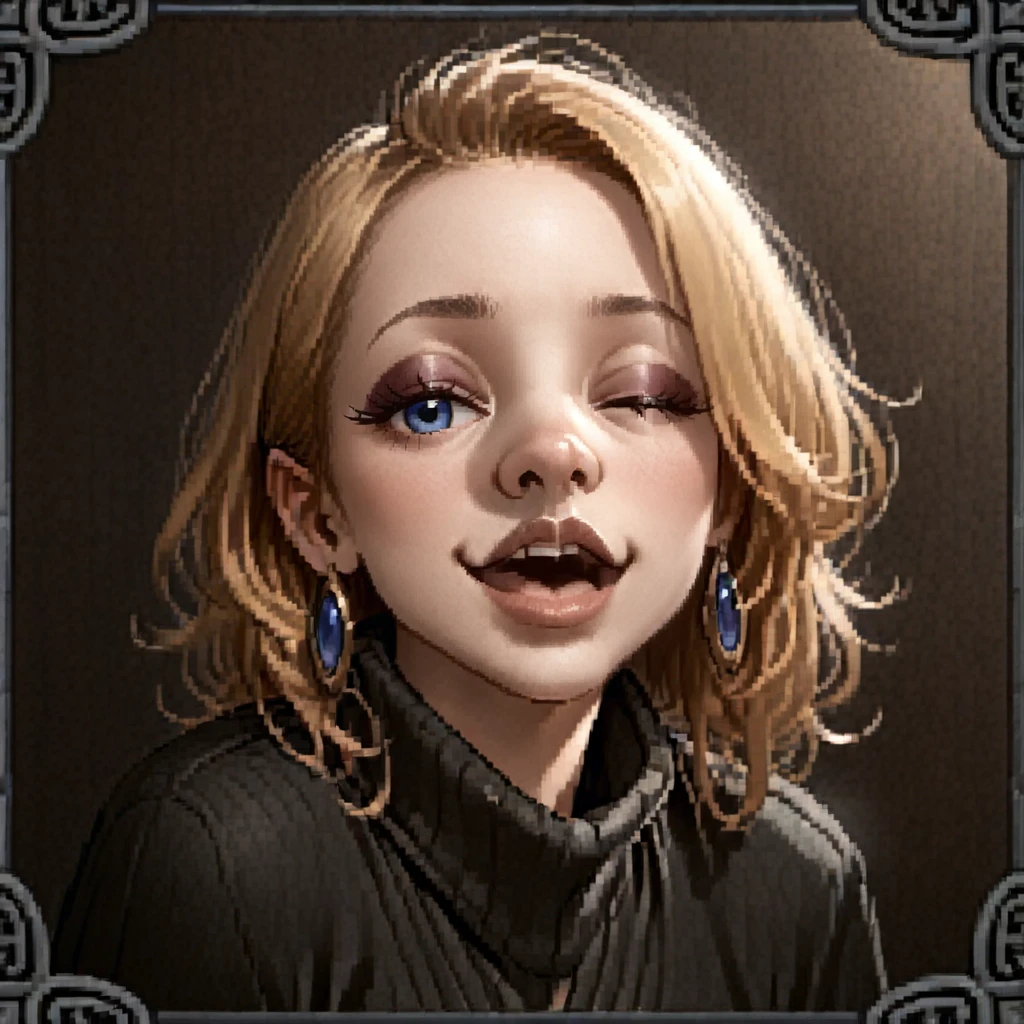 <lora:Illustrious - Dark and Darker Portraits - 2023 - Epoch 8:0.9> dark_and_darker_game_portrait_style, vendor, fantasy portrait, small_border, frame, low_resolution, 1girl, yellow hair, winking, blue eyes, black sweater, jewelry, makeup, The girl next door, mouth open, upper teeth only, (naughty face:0.5),